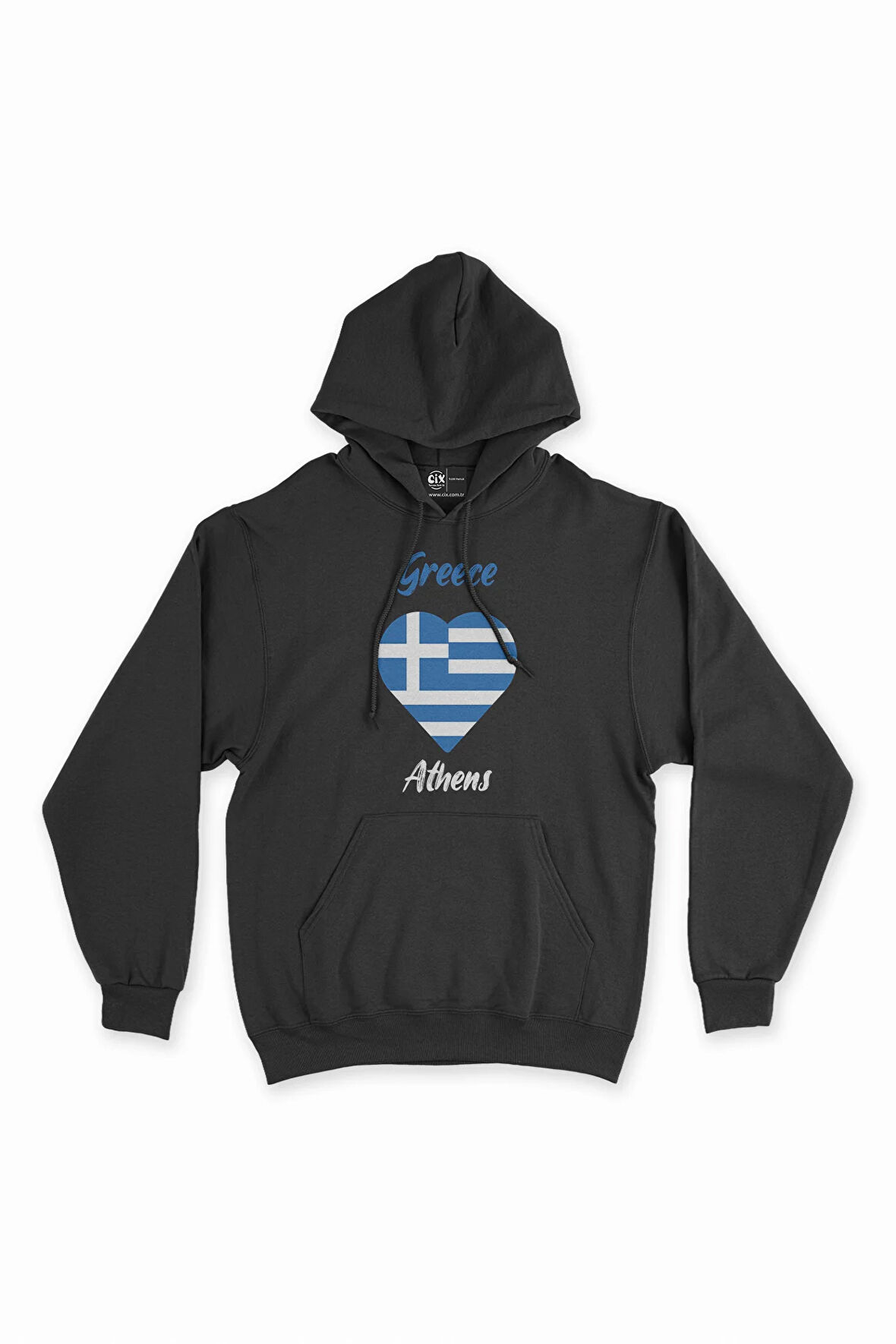 Atina Yunanistan Bayraklı Kalpli Siyah Sweatshirt Hoodie