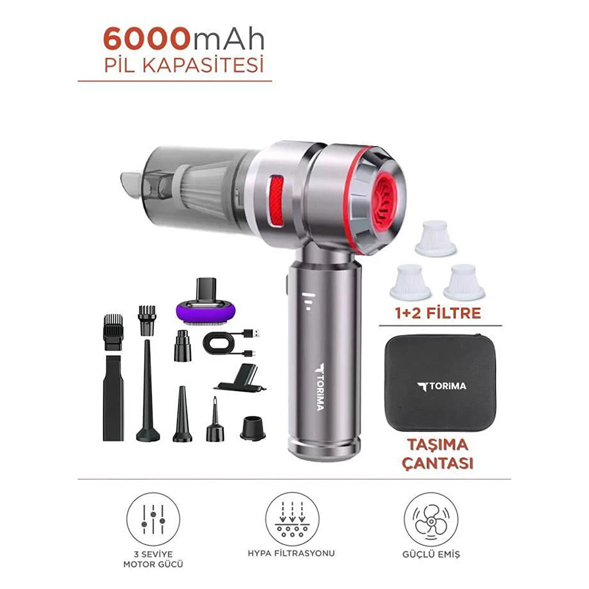 TORİMA HL-121 Mini Araç El Süpürgesi Üflemeli Şarjlı Çok Fonksiyonlu