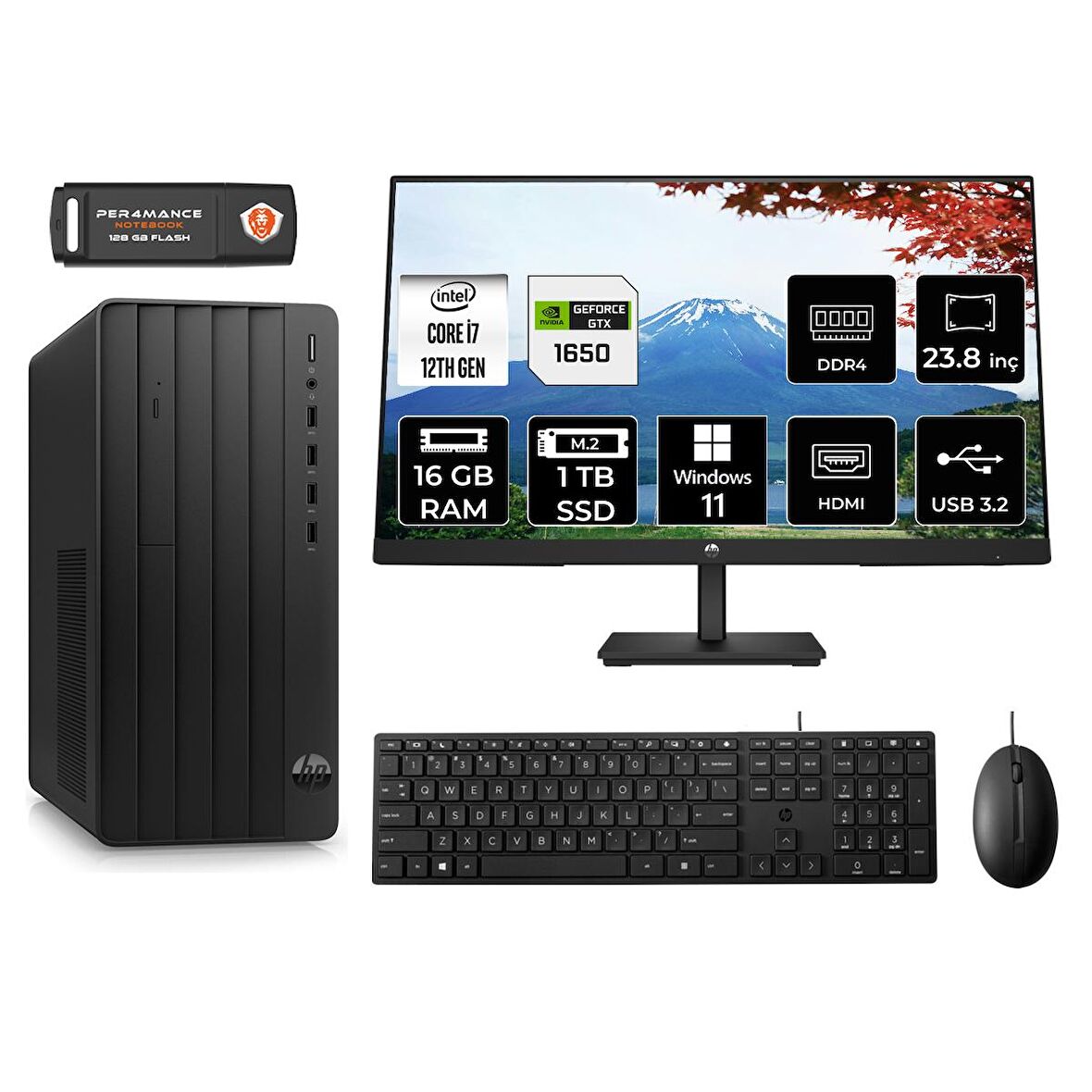HP TOWER 290 G9 i7 12700 16GB RAM 1TB SSD GTX1650/4GB W11H 6D3A3EA MASAÜSTÜ PC & 23.8'' MONİTÖR