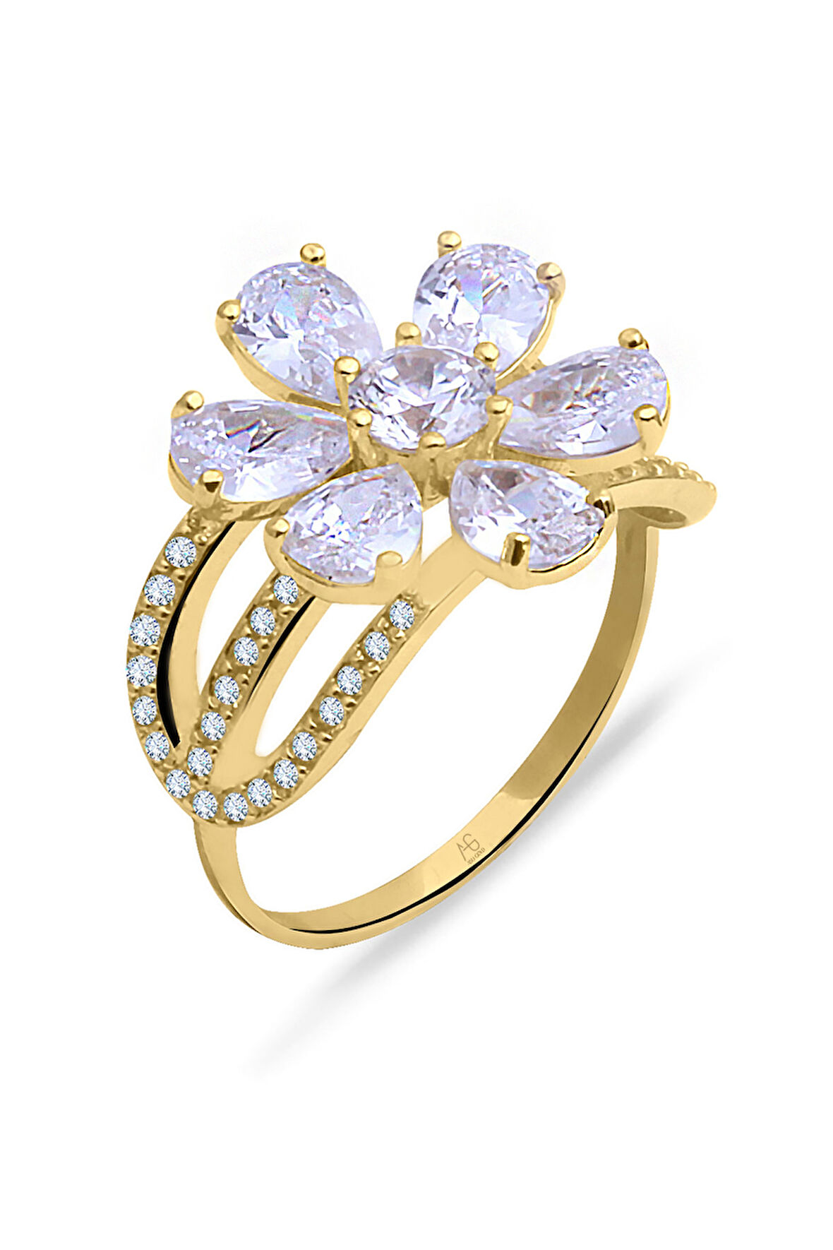 Beyaz Taşlı Altın Nergis Çiçeği Yüzük