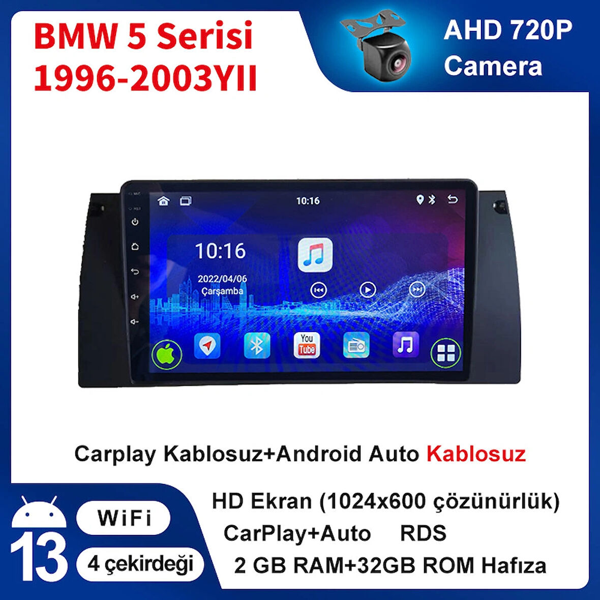 BMW 5 Serisi F10 1996-2003 Yıl 2GB Ram 32GB Hafıza 9 İnç Android 14 Cihaz Kablosuz Carplay Kablosuz Android Auto Multimedya Navigasyon Double Teyp Araç Monitor Ekran