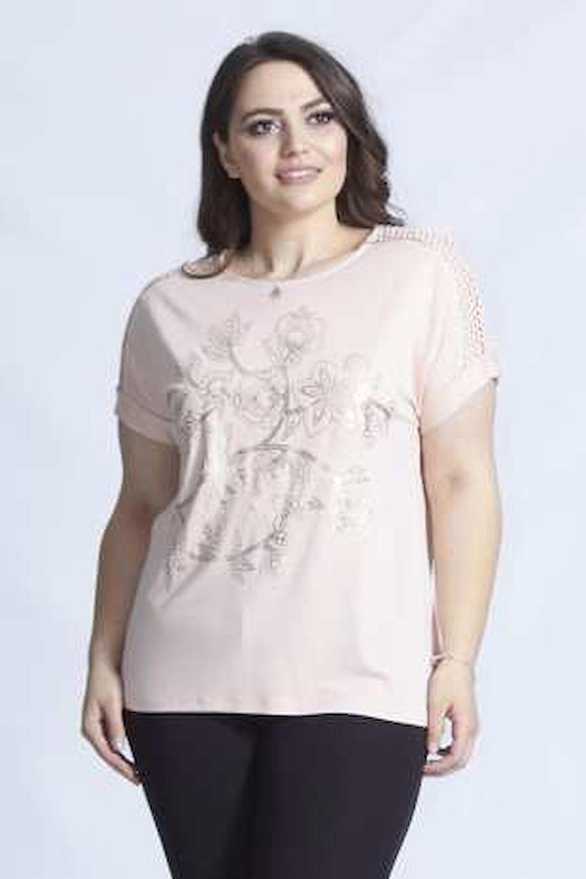 3008 Pudra Önü Parlak Baskılı Kolu Dantelli Esnek Büyük Beden Bluz