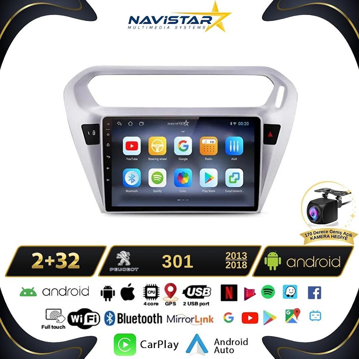 Peugeot 301 2+32GB Kablosuz Carplay 2013-2018 Android 13 Navigasyon Multimedya Sistemi 
