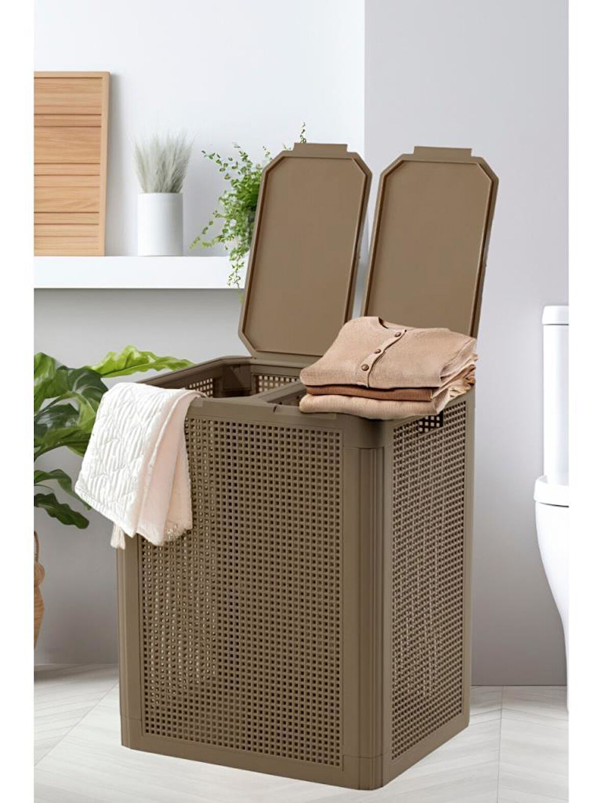 Omnipazar SY-4632 Smart Duo İki Bölmeli Kirli Çamaşır Sepeti 84 Litre Kahverengi