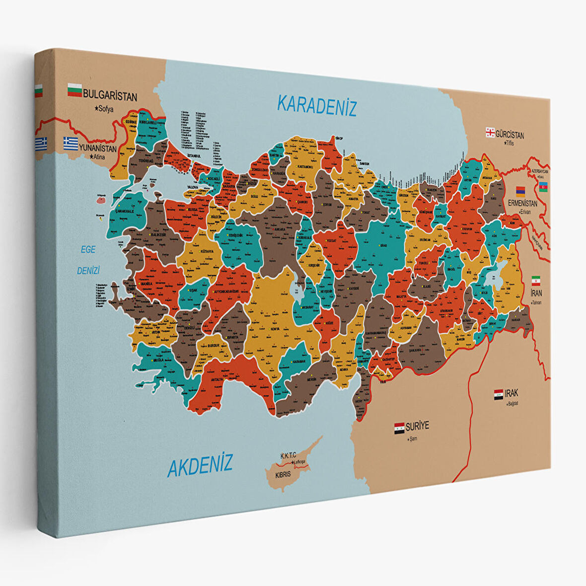 Harita Sepeti Türkiye Haritası Kanvas Tablo İl ve İlçeli Ayrıntılı Eğitici Komşulu Tablo 3010