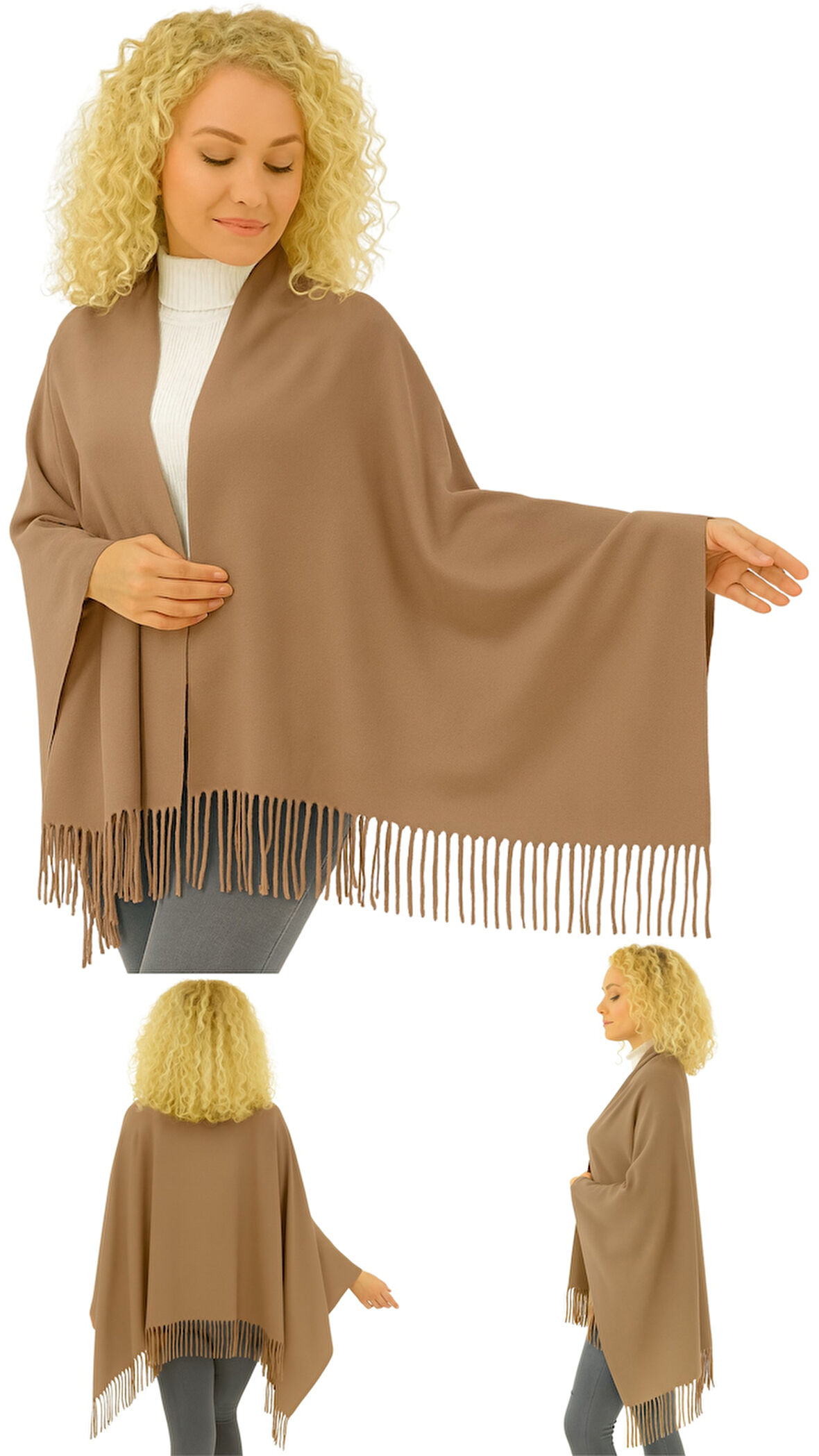 1 Adet Kadın Büyük Bedene Uygun Ekstra Yumuşak Dokulu Püskül Detaylı Kışlık Atkı Omuz Şalı