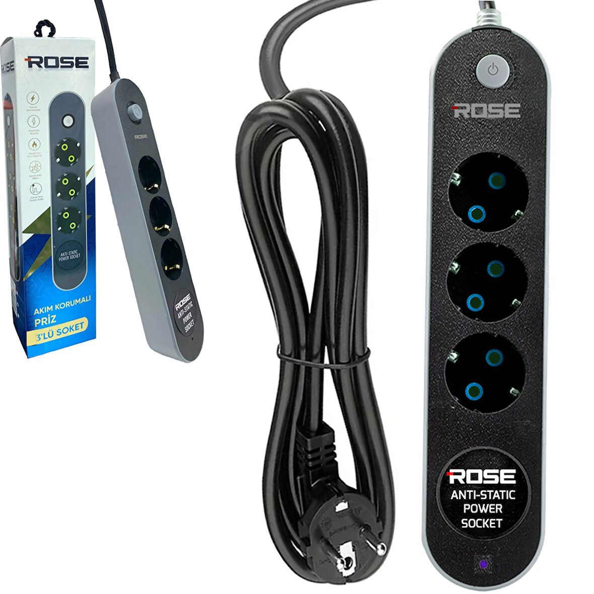Rose GR-300-5M 3Lü Akım Korumalı Priz 5 Metre Anahtarlı