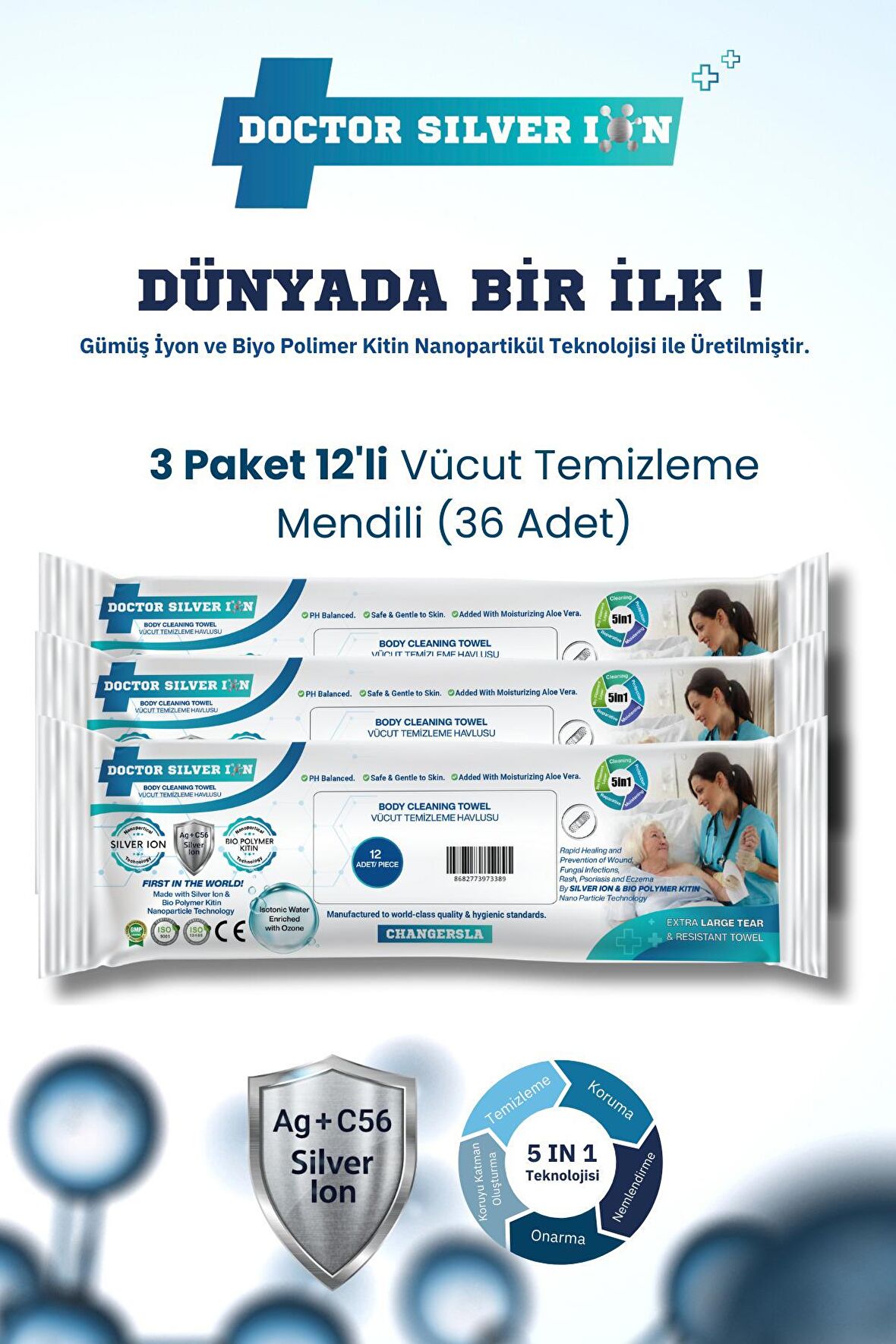 Gümüş İyonlu Kremli Vücut Temizleme Havlusu – 12’li x 3 Paket (36 Adet)