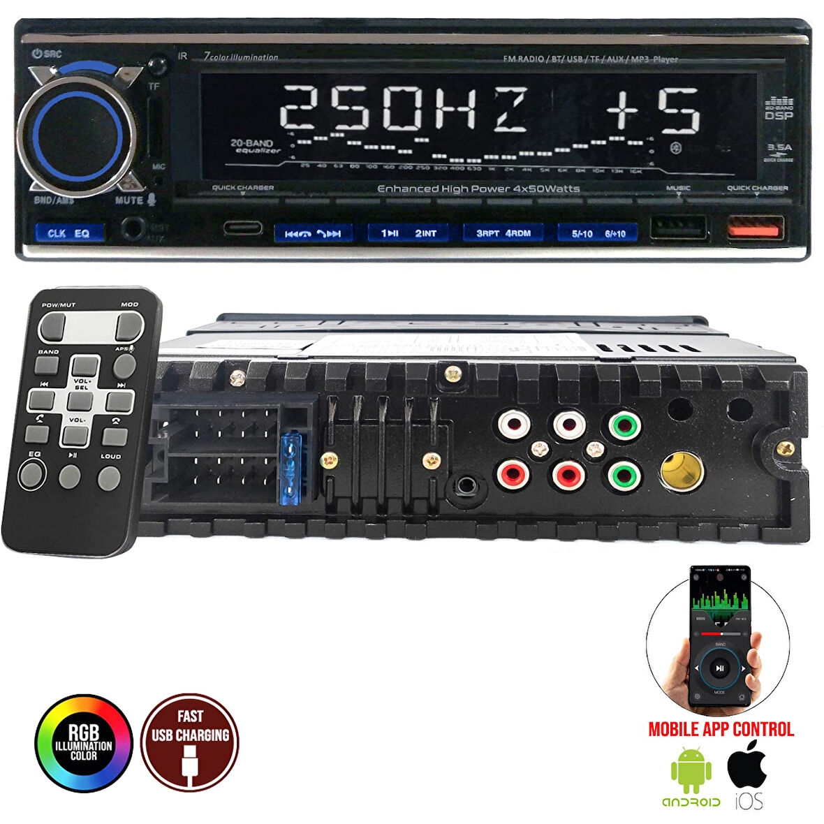 FOXX FX-X728DSP Oto Teyp 4X60 Watt Bluetooth Mobil Aplikasyon Usb Fm Aux 7 Renk Ekranlı