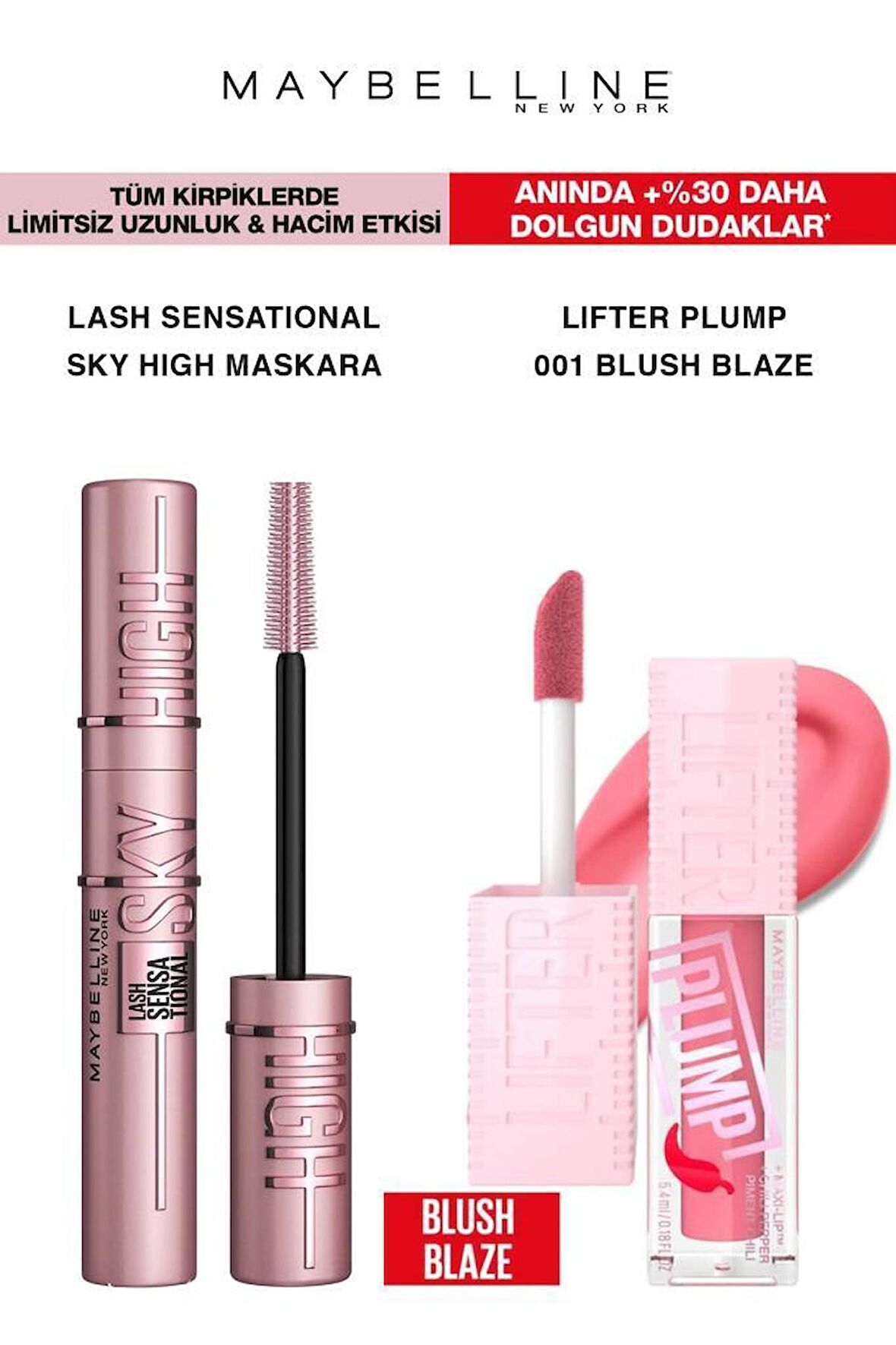 Maybelline Sky High Maskara Uzun Hacmli Kirpikler-Lifter Plump Dolgun Pürüzsüz Dudaklar 001