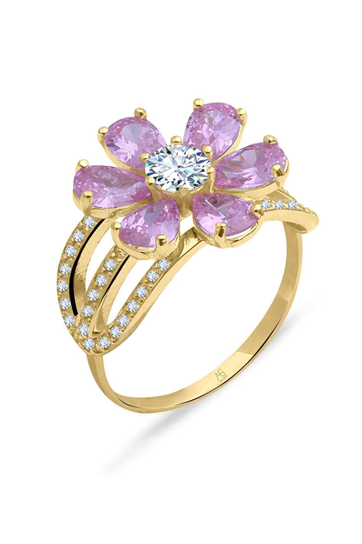Pembe Taşlı Altın Nergis Çiçeği Yüzük