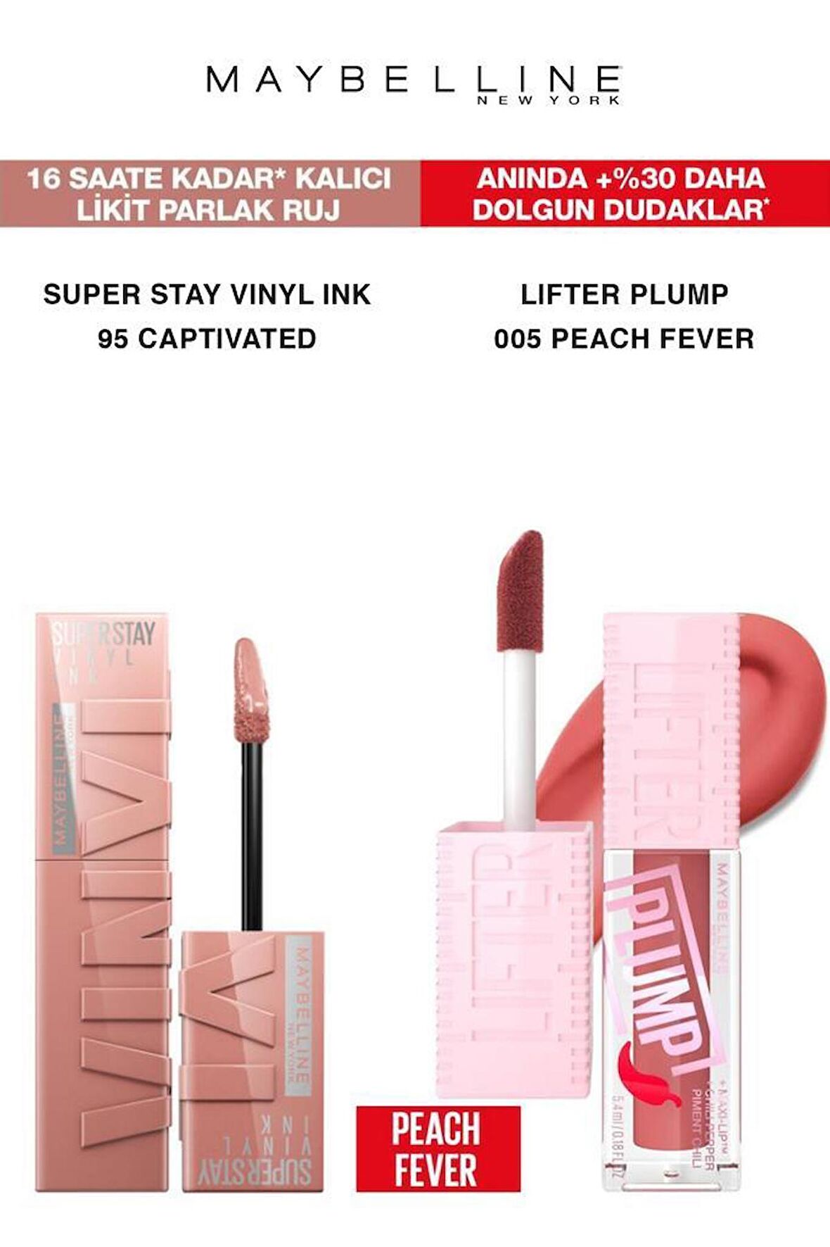 Maybelline Vinly Kalıcı Ruj-Dolgun ve Pürüzsüz Dudaklar Dolgunlaştırıcı Ruj Seti 95-005