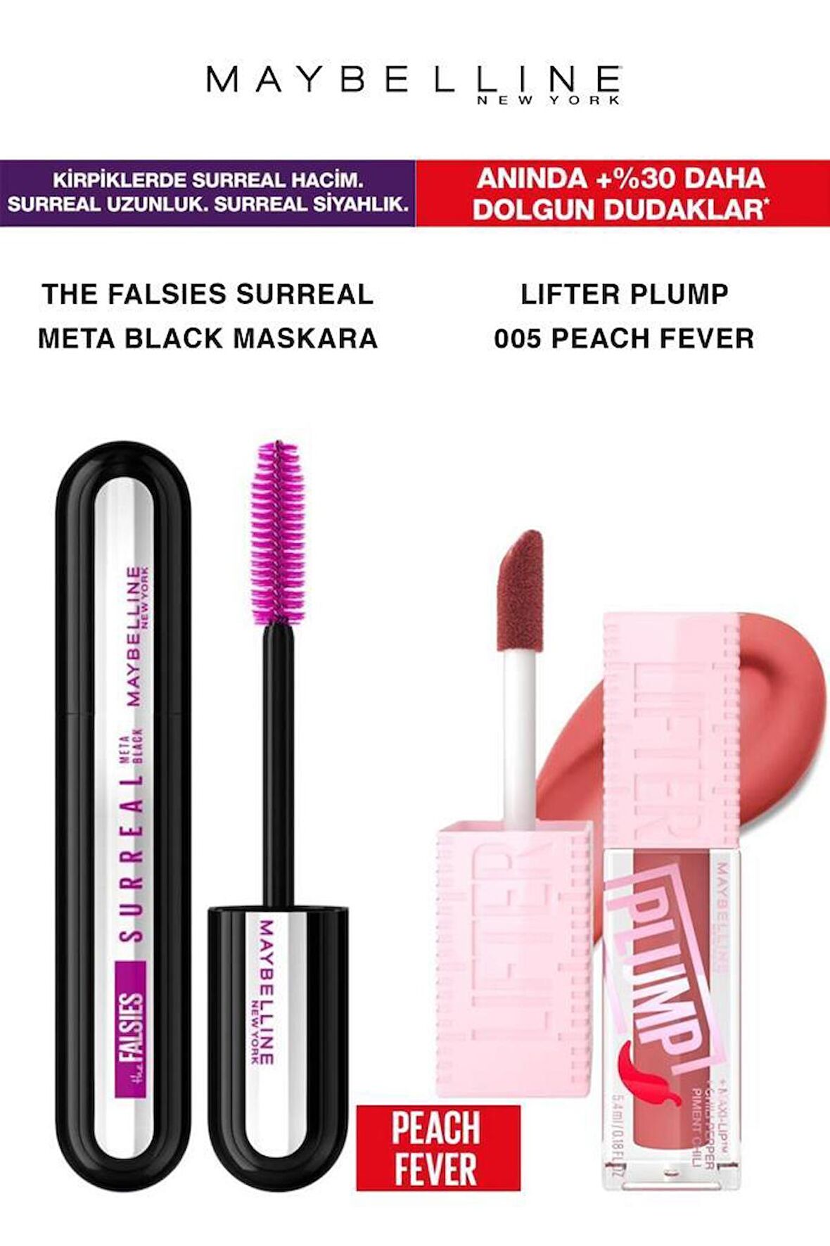 Maybelline Surreal Meta Black Maskara Yoğun Hacimli Kirpikler-Lifter Plump Dolgun Dudaklar 005