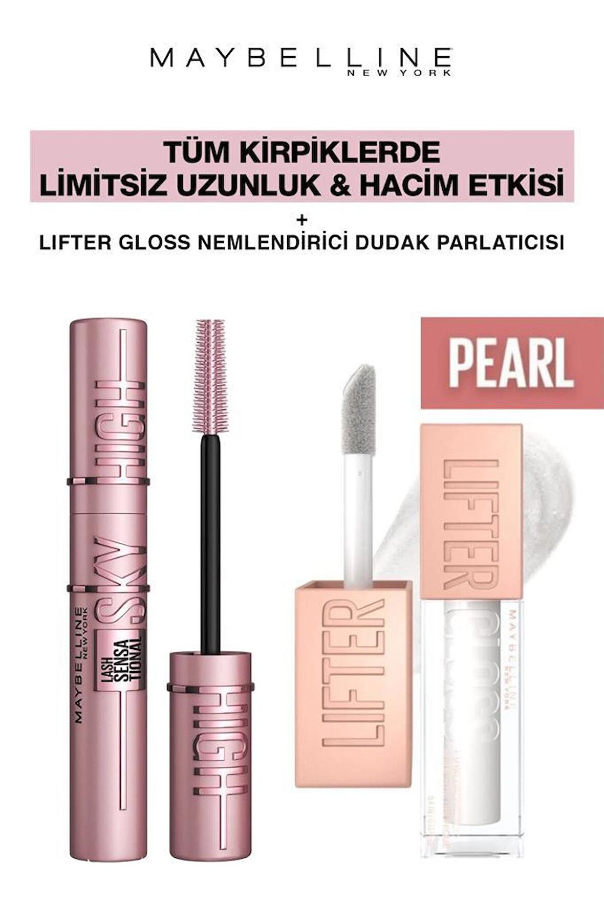 Maybelline Sky High Dev Limitsiz Kirpikler-Işıltılı Dolgun Dudaklar Makya Seti 001 Pearl