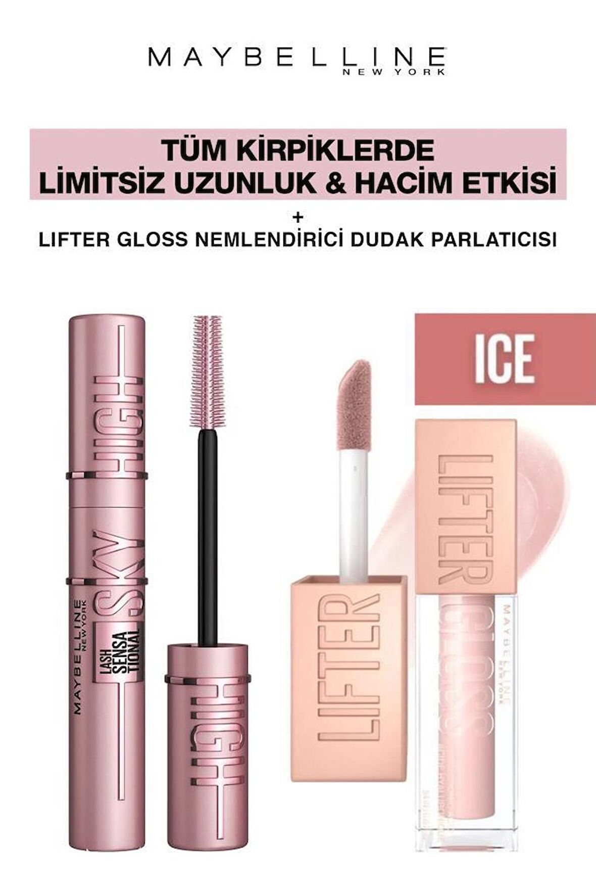 Maybelline Sky High Dev Limitsiz Kirpikler-Işıltılı Dolgun Dudaklar Makya Seti 002 Ice