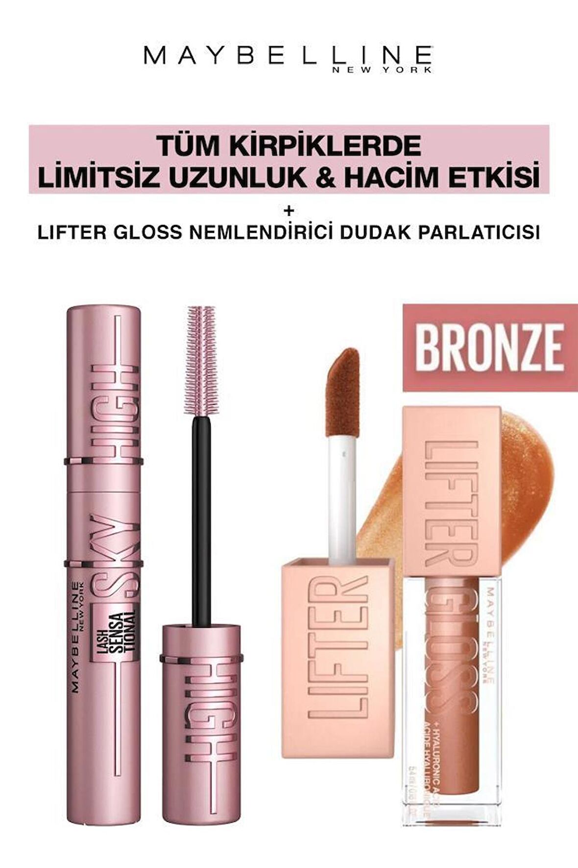 Maybelline Sky High Dev Limitsiz Kirpikler-Işıltılı Dolgun Dudaklar Makya Seti 018 Bronze