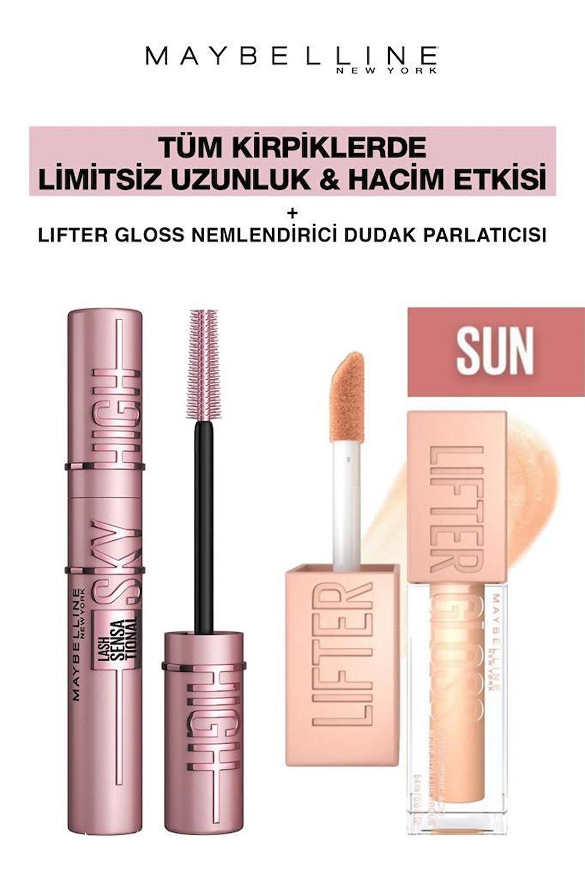 Maybelline Sky High Dev Limitsiz Kirpikler-Işıltılı Dolgun Dudaklar Makya Seti 020 Sun