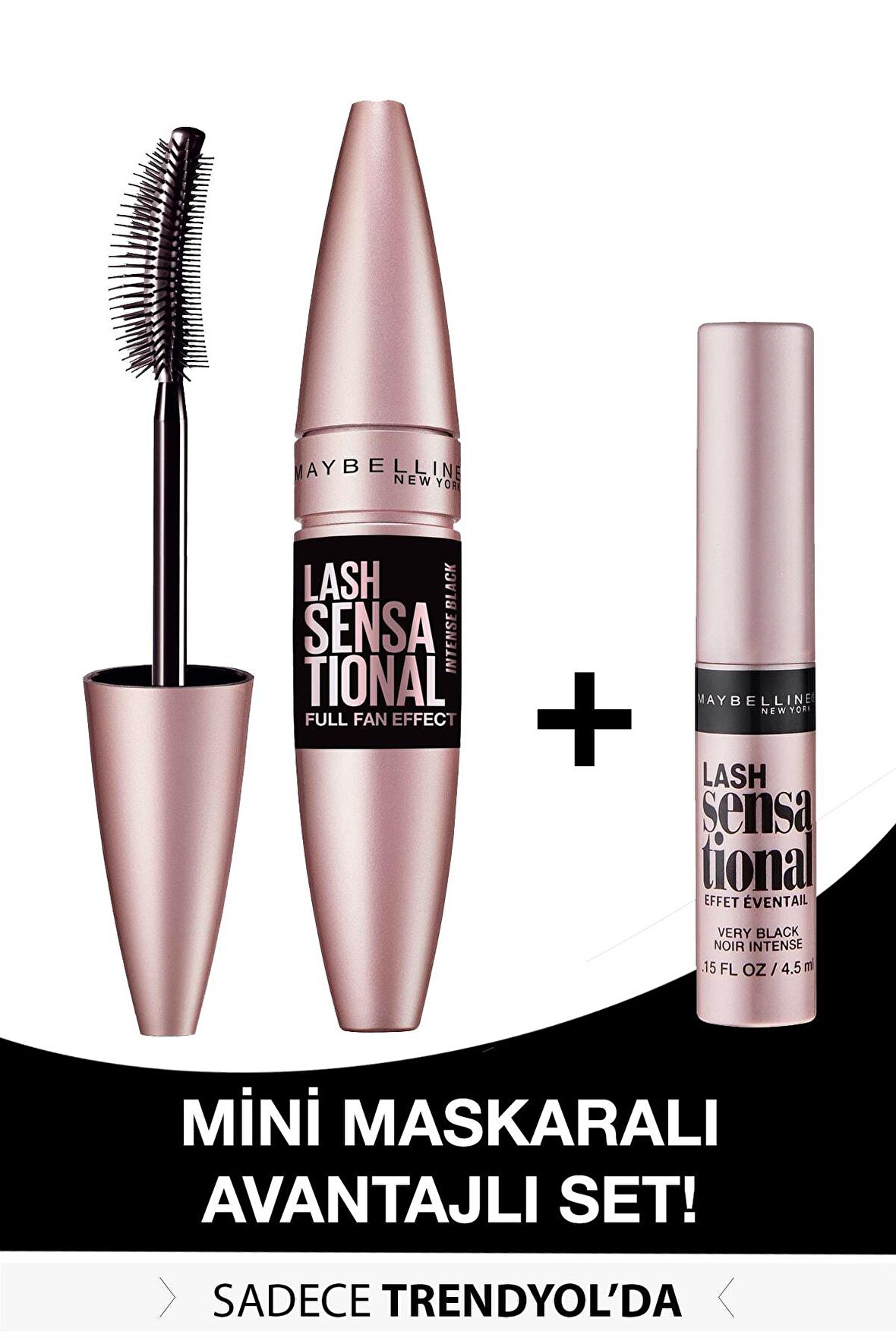 Maybelline Lash Sensational Intense Black Fiber Fırça Siyah Rimel + Mini Lash Sensational Siyah Maskara 4.5 ml