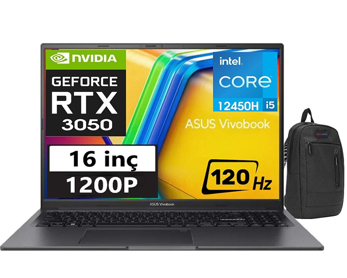 Asus Vivobook 16X 12.Nesil Core i5 12450H 24gb 256GB SSD RTX3050 16 inç 120Hz" Windows11Pro WUXGA Dizüstü Bilgisayar K3605ZC-N1012W29+WeblegelsinÇanta