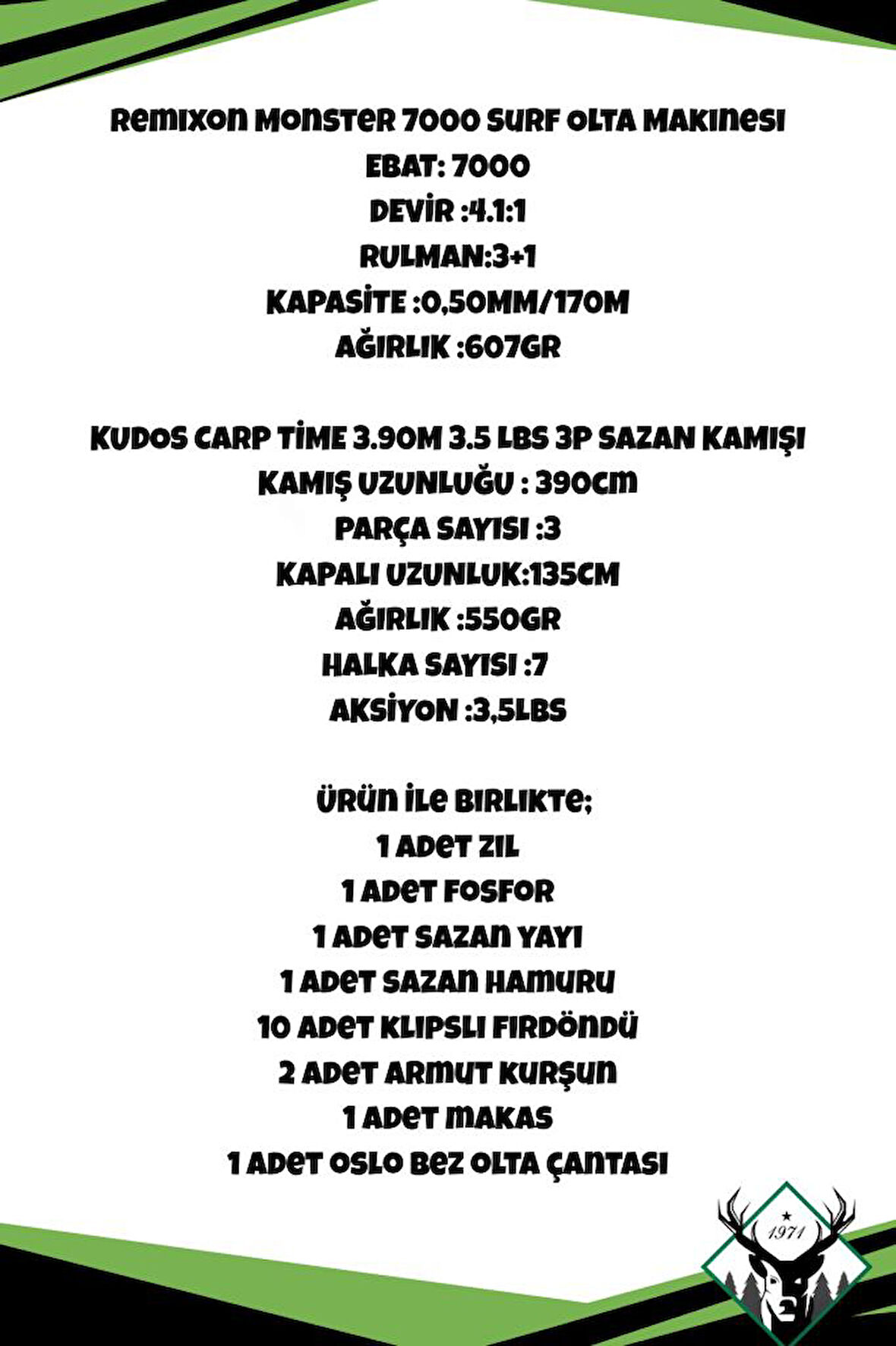 Kudos Carp Time 3.90m 3.5 LBS Remixon Monster 7000 Sazan Olta Seti
