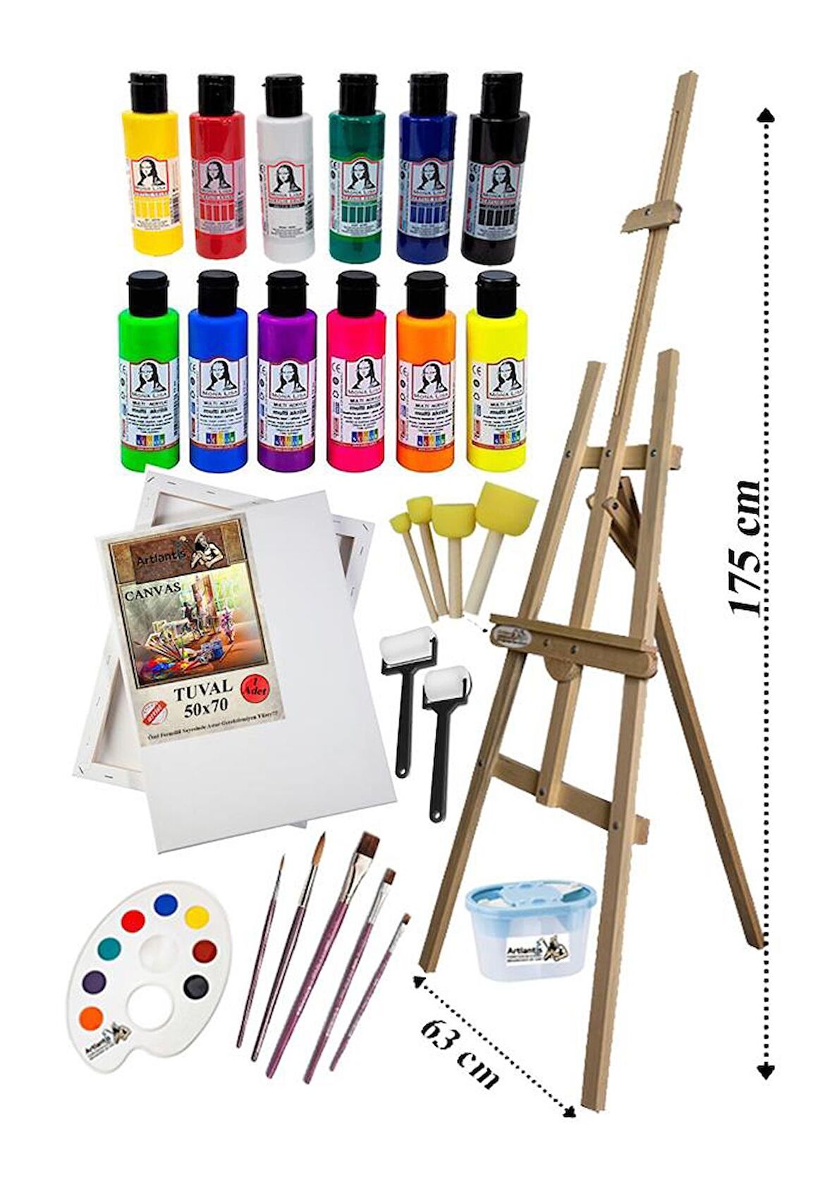 Akrilik Boya Resim Seti Südor Monalisa 12 Renk 70 ml Akrilik Boya 2 Tuval 50x70 Fırça Spatula Şövale 