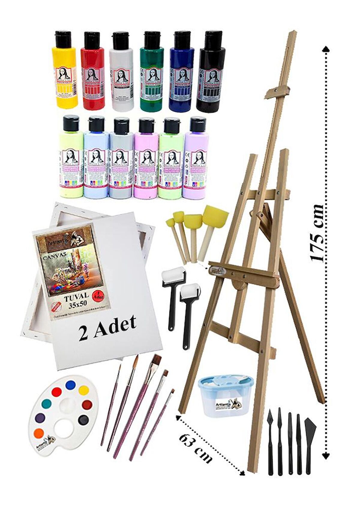 Akrilik Boya Resim Seti Südor Monalisa 12 Renk 70 ml Akrilik Boya 2 Tuval 35x50 Fırça Spatula Şövale 