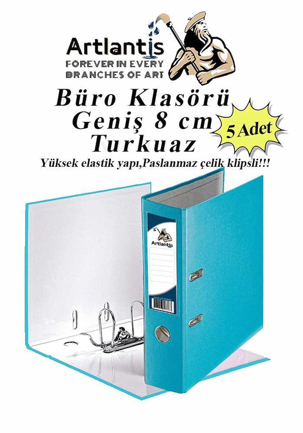 Büro Klasörü Turkuaz Geniş 5 Adet Plastik Geniş Turkuaz Klasör Halkalı Paslanmaz Çelik Klipsli 5 Adet