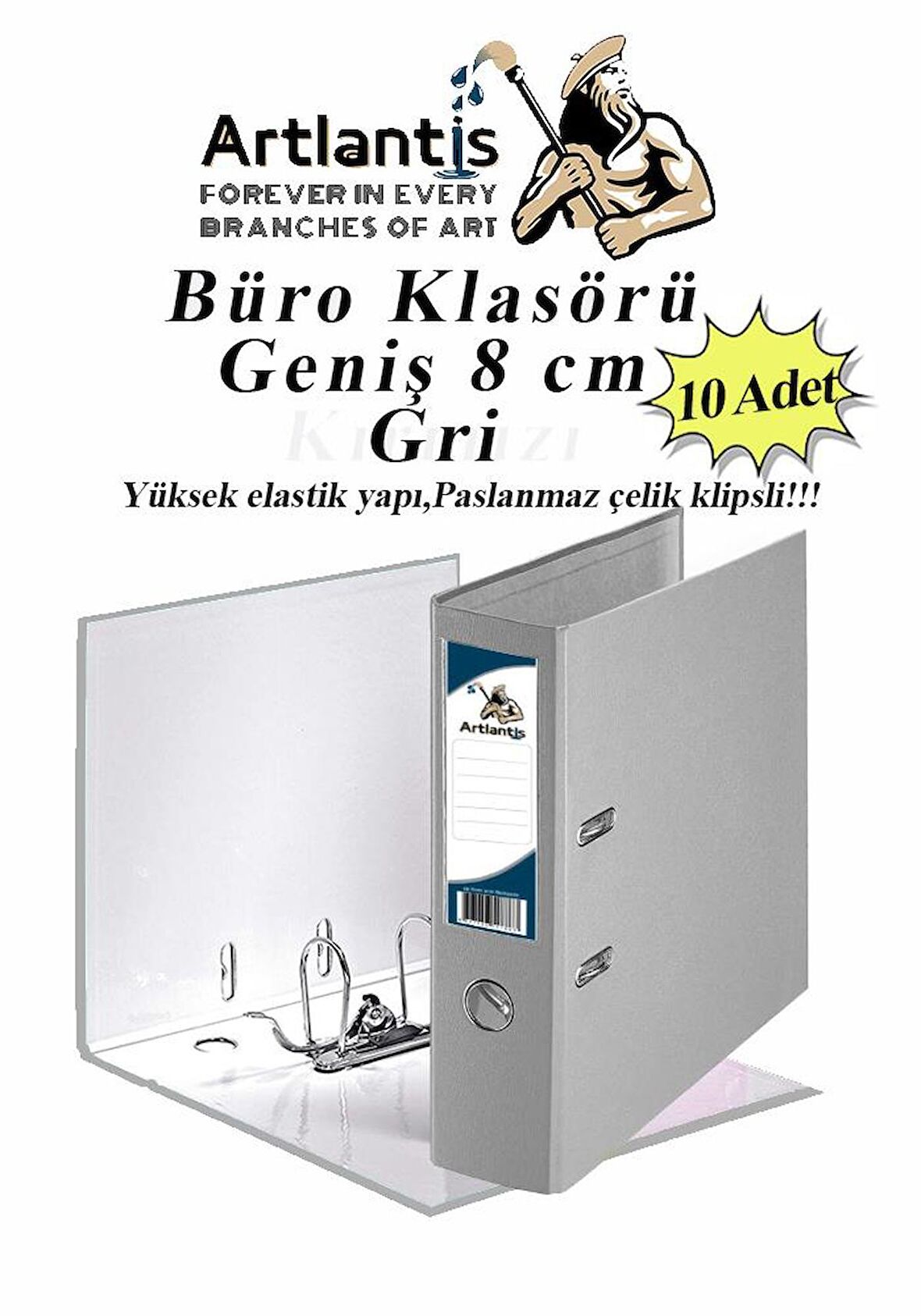 Büro Klasörü Gri Geniş 10 Adet Plastik Geniş Gri Klasör Halkalı Paslanmaz Çelik Klipsli 10 Adet