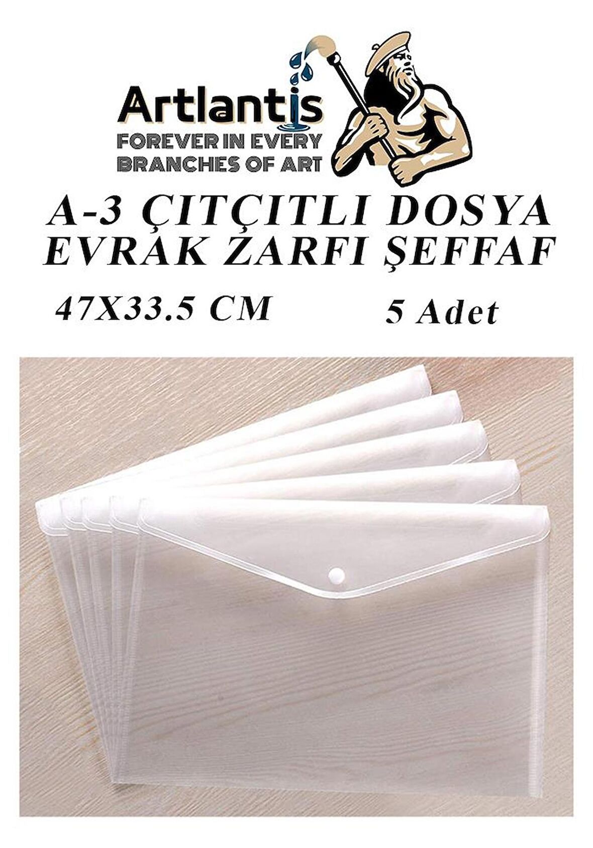 A3 Çıtçıtlı Dosya Şeffaf 5 Adet A-3 Çıtçıtlı Zarf Dosya Transparan 47x33.5 cm Büyük Boy Çıtçıtlı Dosya