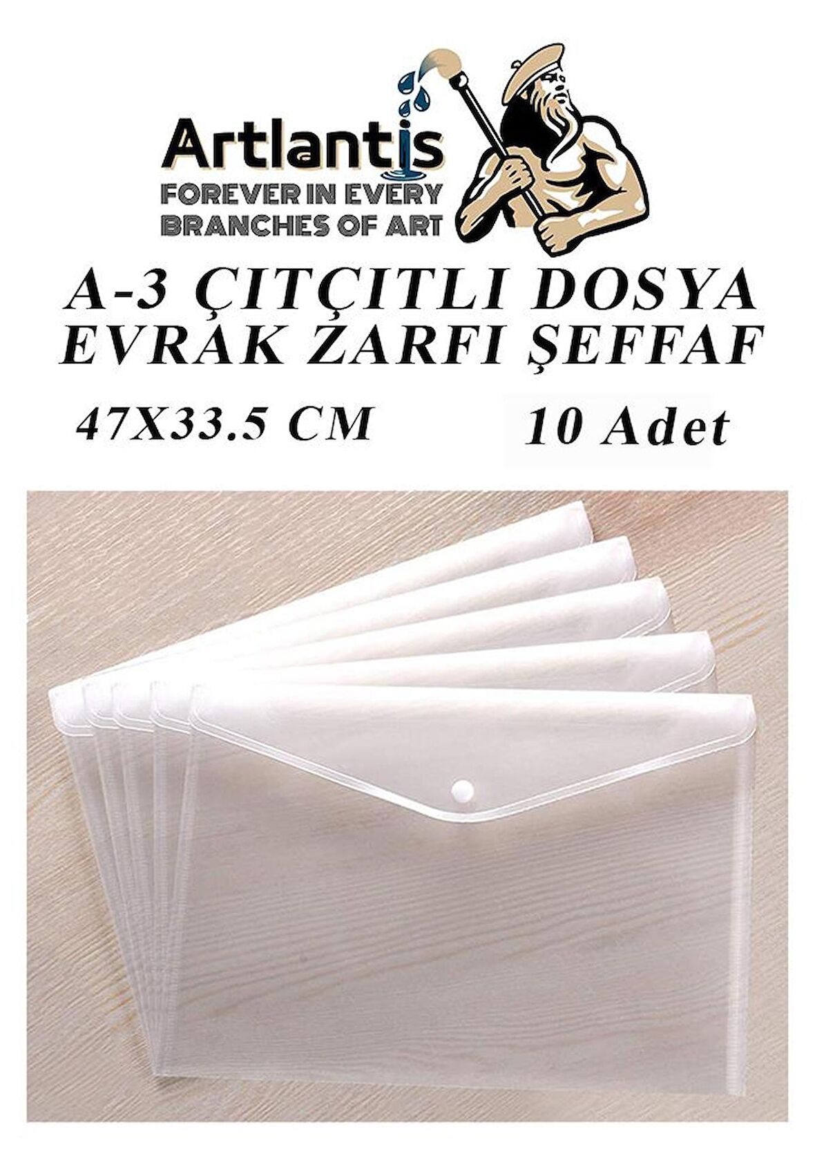 A3 Çıtçıtlı Dosya Şeffaf 10 Adet A-3 Çıtçıtlı Zarf Dosya Transparan 47x33.5 cm Büyük Boy Çıtçıtlı Dosya