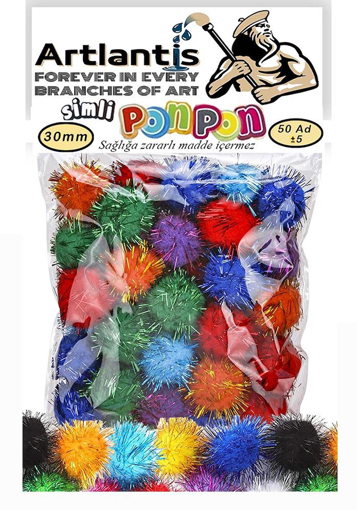 Simli Ponpon 30 mm 50 Li 1 Paket Karışık Renk Pon Pon 30 mm Pompom 3 cm Elişi Etkinliği Anasınıfı Kreş Okul Öncesi Pom Pom