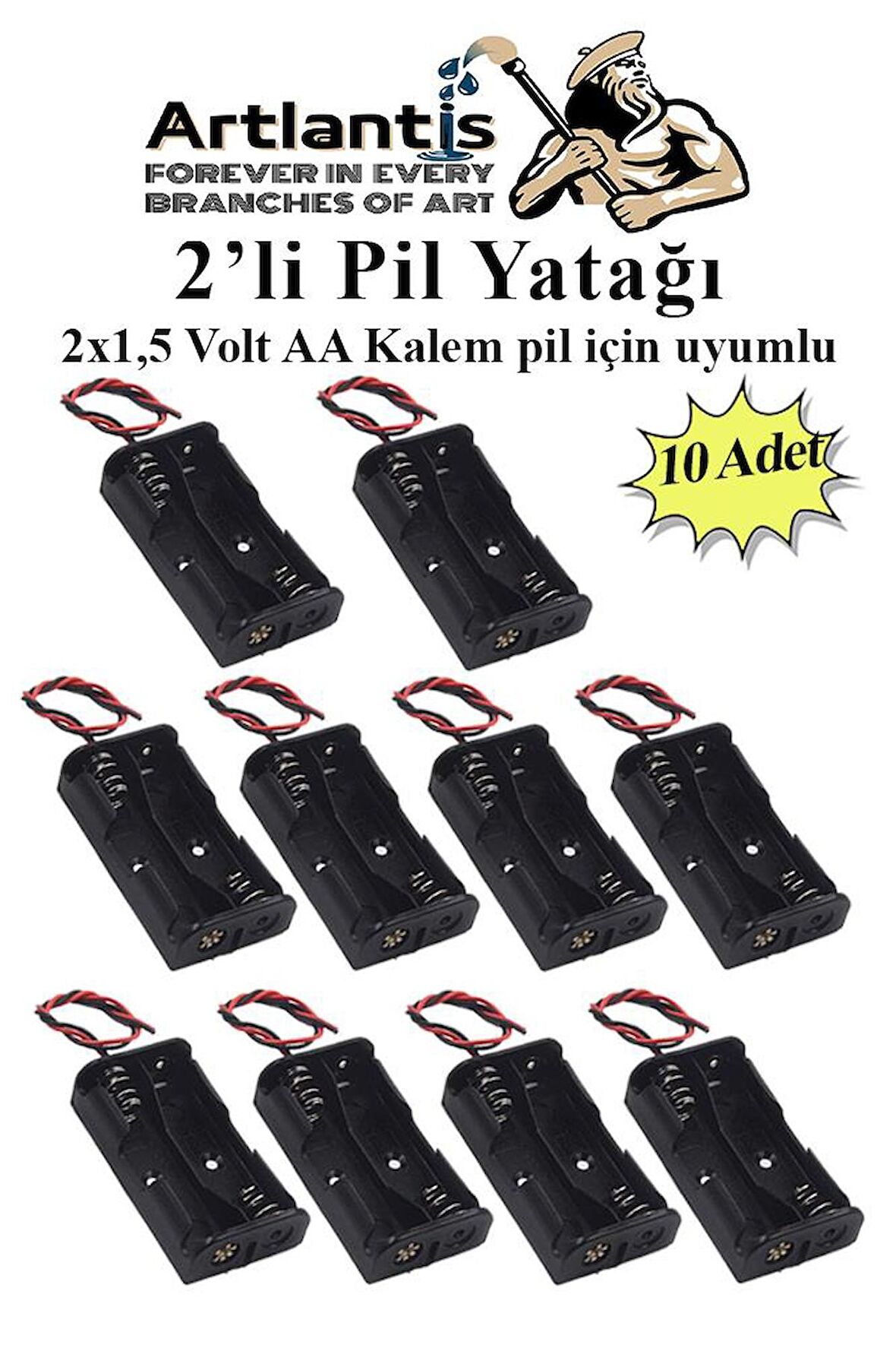 2 Li Pil Yatağı Deney 10 Adet Pil Yuvası Pil Kutusu Aa Kalem Kalın Pil 2x1,5 Volt Yaylı Pil Yuvası