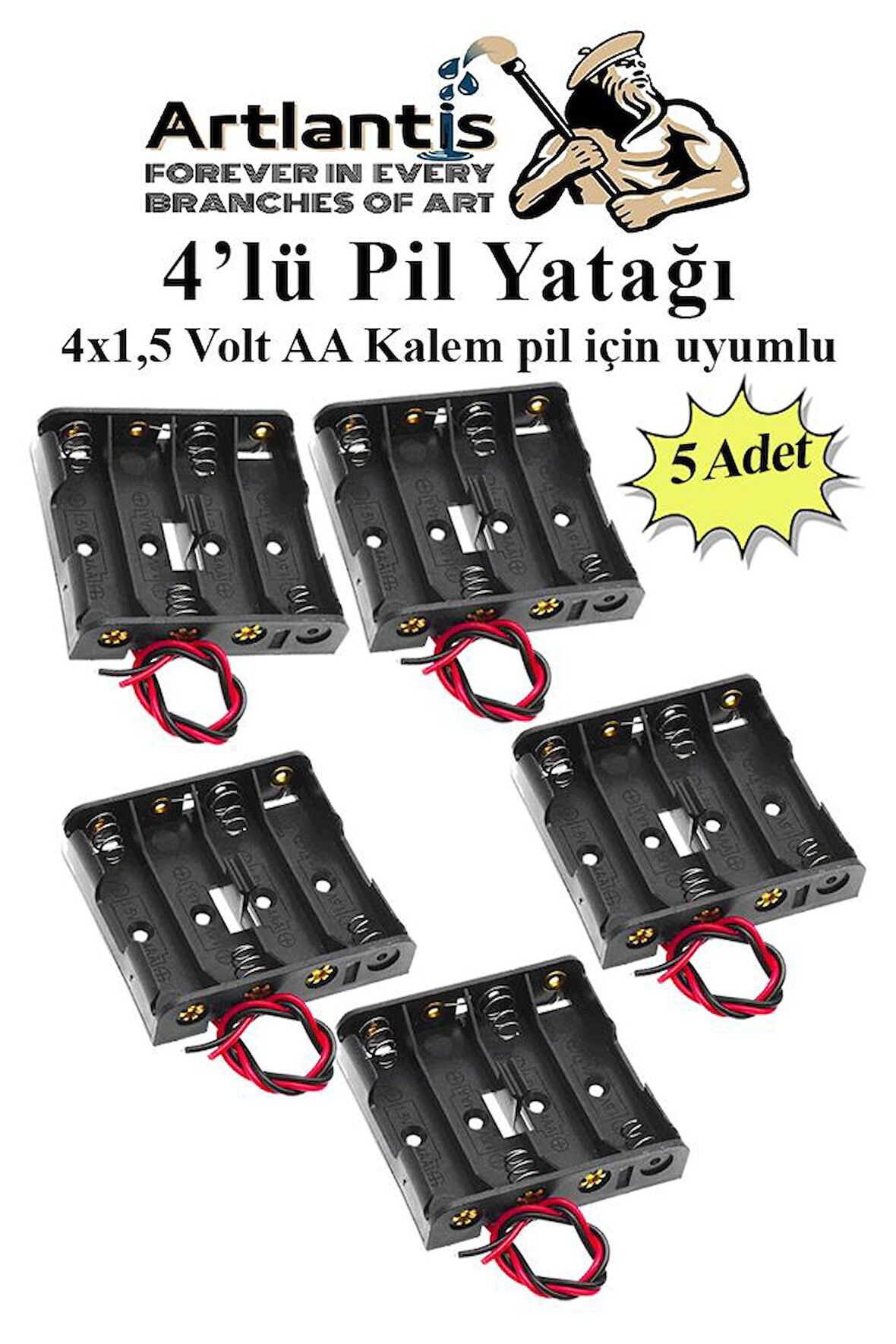 4 Lü Pil Yatağı Deney 5 Adet Pil Yuvası Pil Kutusu Aa Kalem Kalın Pil 4x1,5 Volt Yaylı Pil Yuvası