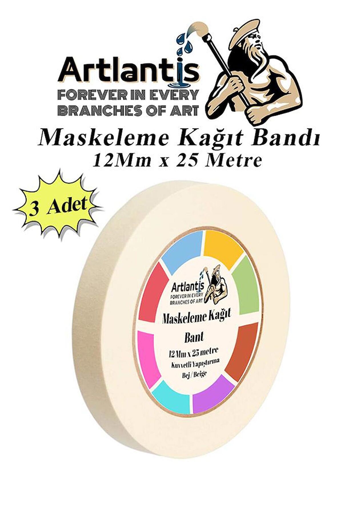 Maskeleme Bandı Kağıt Bant 12 mm 25 Metre 3 Adet Boya Bantı Maskeleme Kağıt Bant Duvar Yağlı Boya Badana