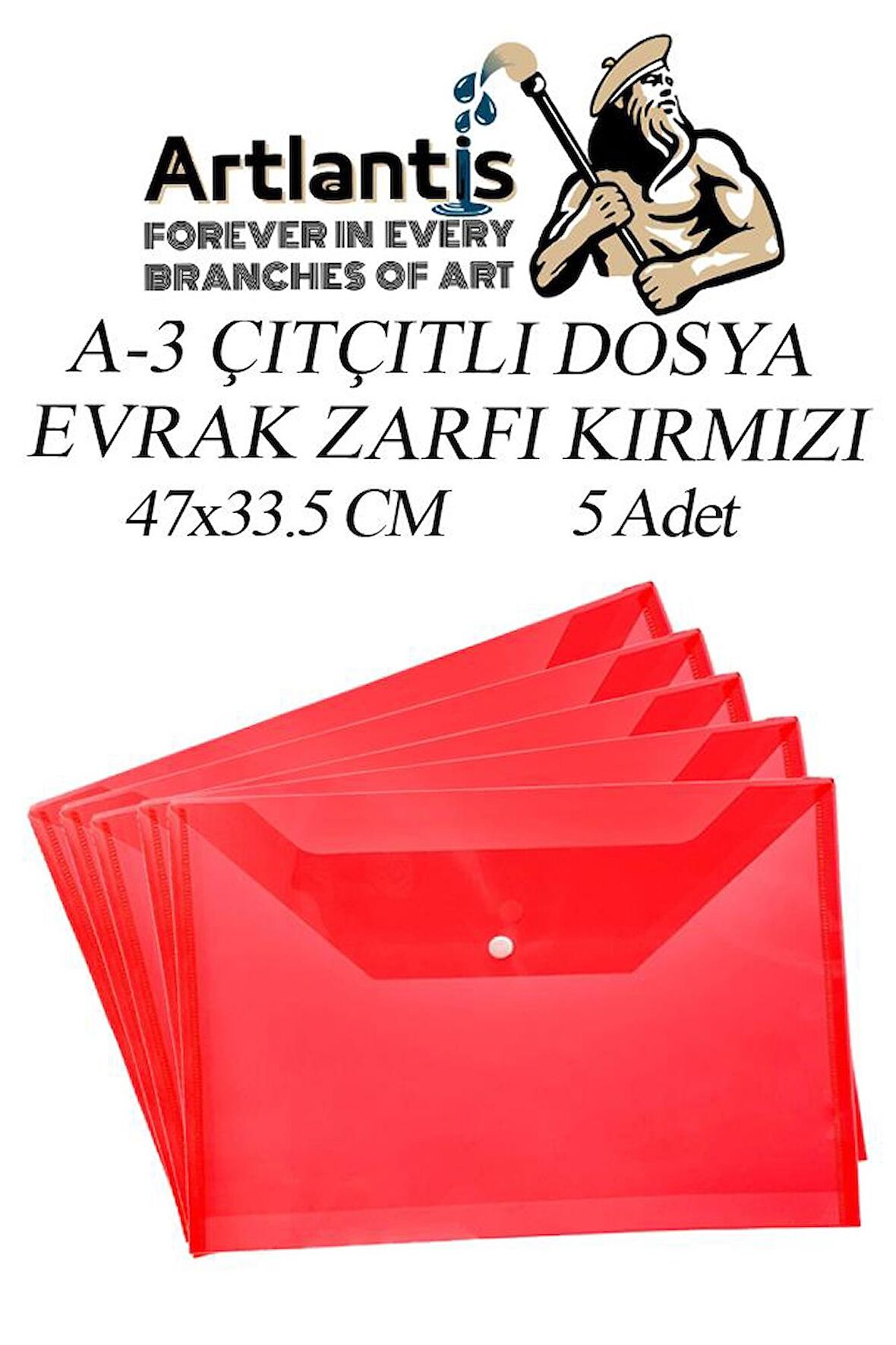 A3 Çıtçıtlı Dosya Kırmızı 5 Adet A-3 Çıt çıtlı Zarf Dosya Transparan 47x33.5 cm Büyük Boy Çıtçıtlı Dosya