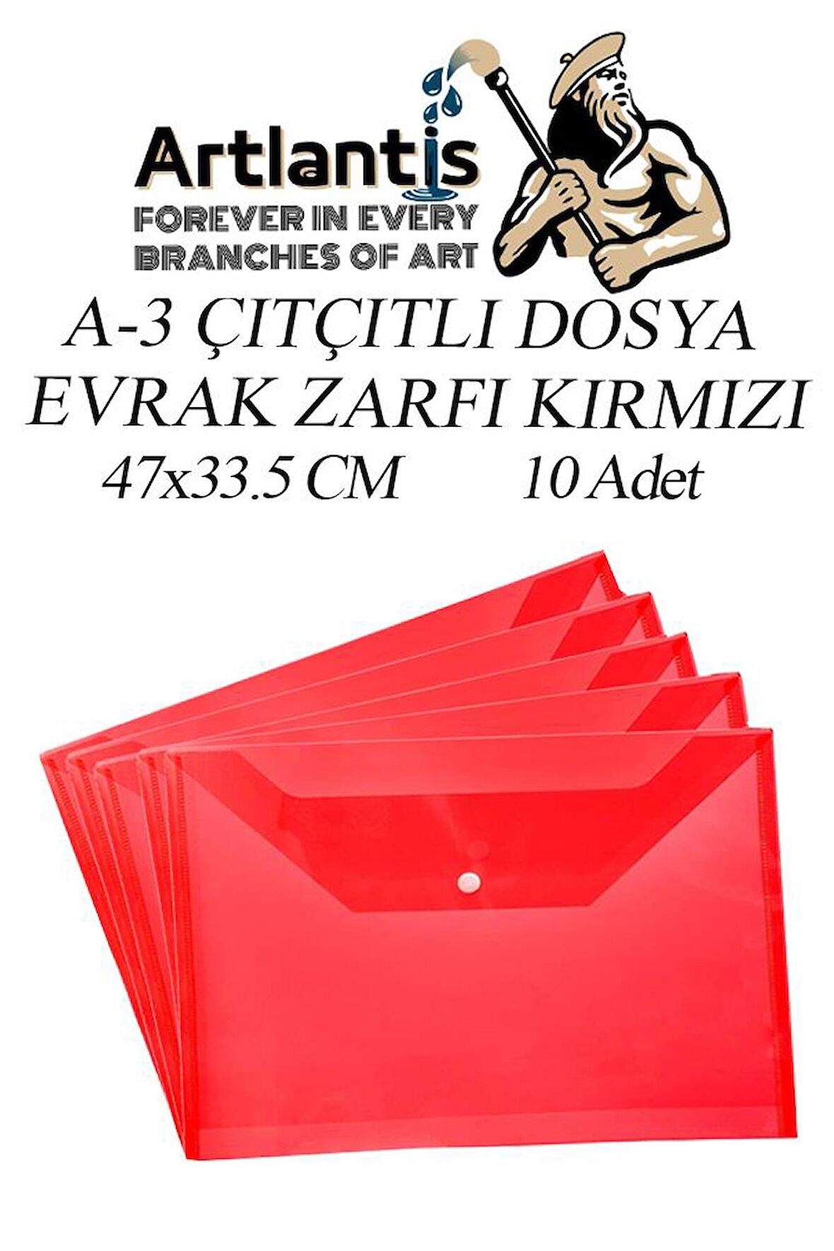 A3 Çıtçıtlı Dosya Kırmızı 10 Adet A-3 Çıt çıtlı Zarf Dosya Transparan 47x33.5 cm Büyük Boy Çıtçıtlı Dosya