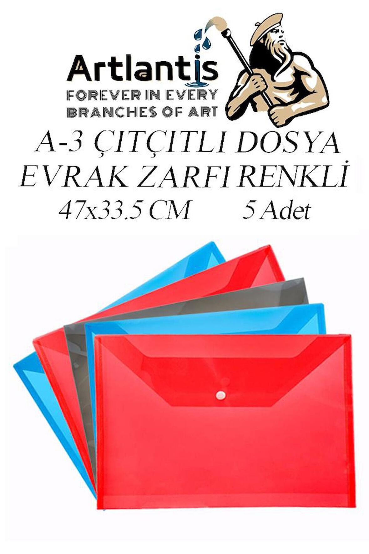 A3 Çıtçıtlı Dosya 5 Adet Renkli A-3 Çıt çıtlı Zarf Dosya Transparan 47x33.5 cm Büyük Boy Çıtçıtlı Dosya