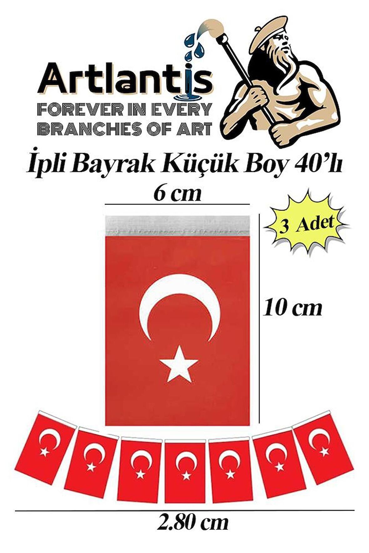 İpli Bayrak Küçük Boy 40'lı 6x10cm 3 Paket Türk Bayrağı Kağıt İpli Sıralı Ayyıldız Bayrak Sınıf Süsü Okul Bayram