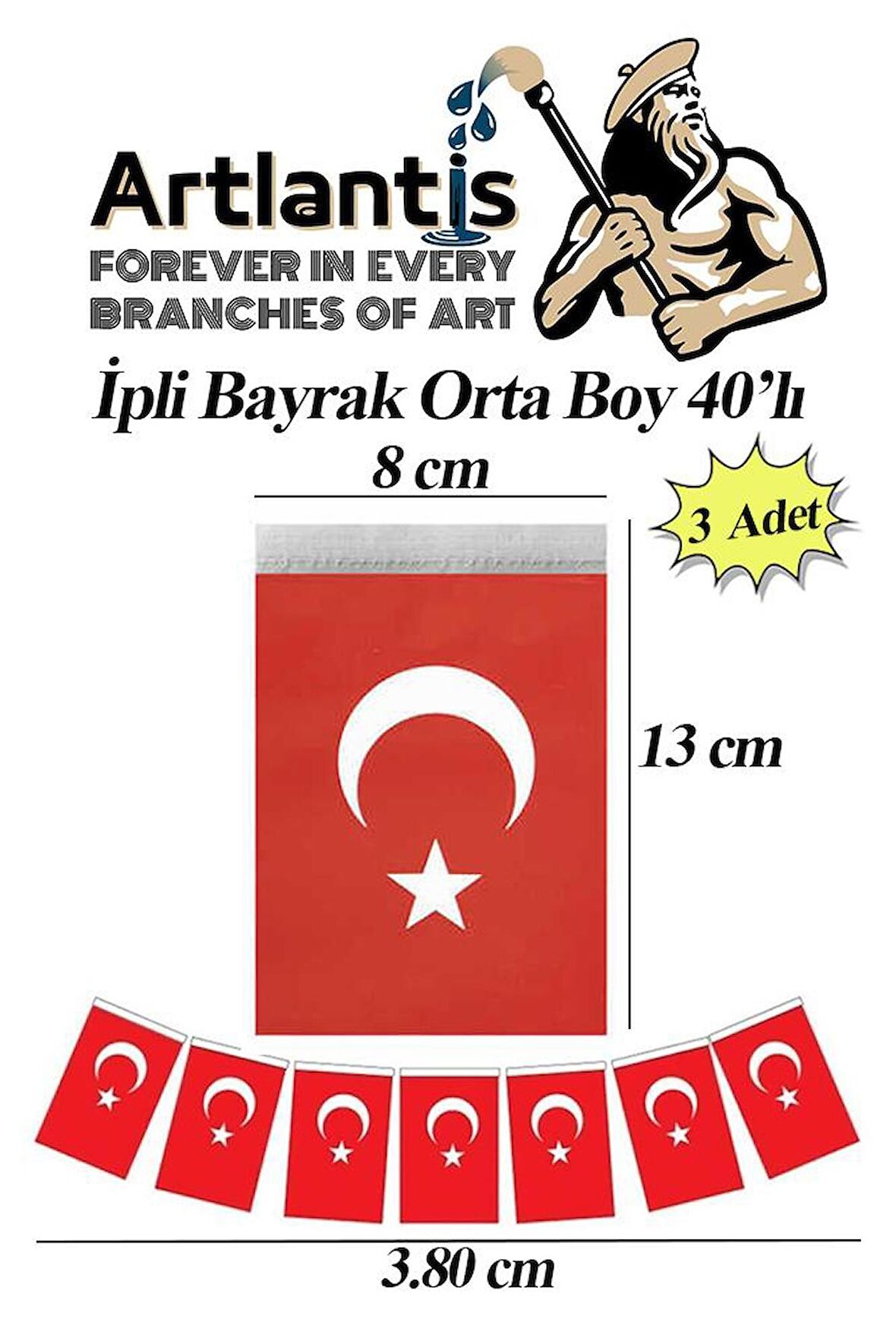 İpli Bayrak Orta Boy 40'lı 8x13cm 3 Paket Türk Bayrağı Kağıt İpli Sıralı Ayyıldız Bayrak Sınıf Süsü Okul Bayram