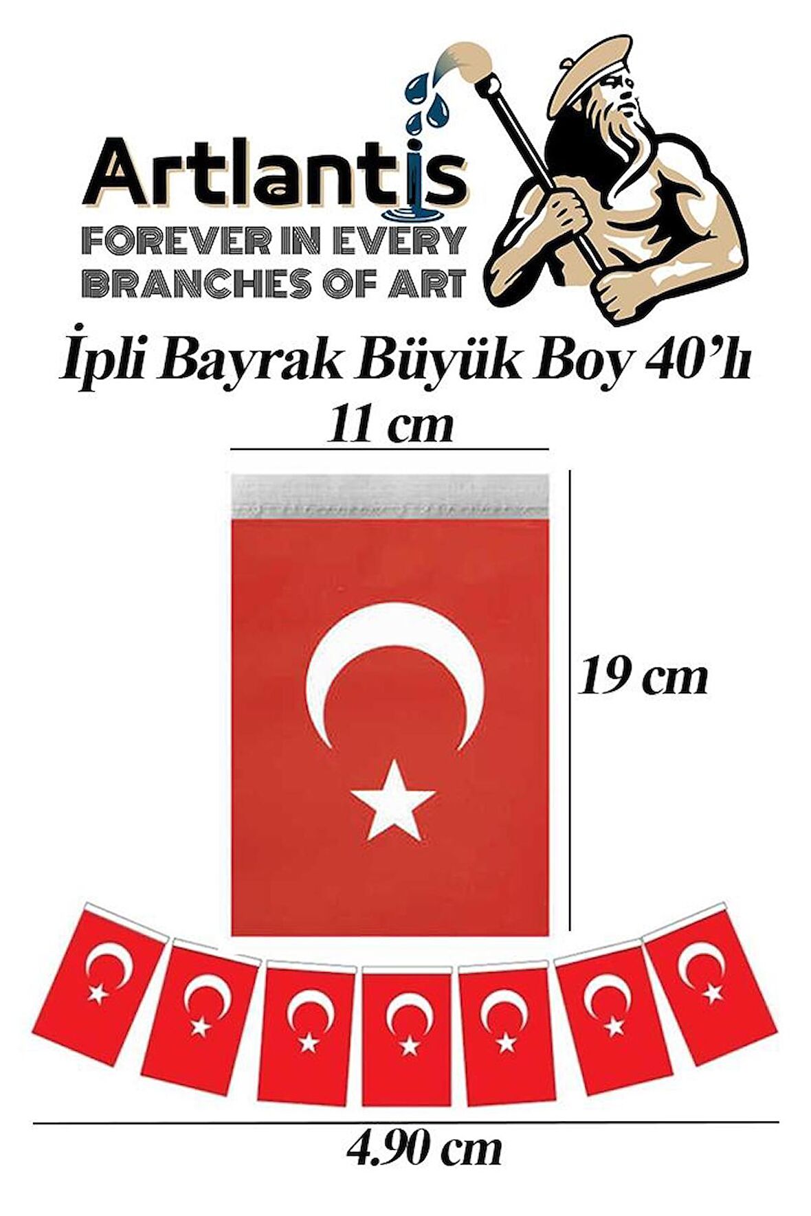 İpli Bayrak Büyük Boy 40'lı 11x19cm 3 Paket Türk Bayrağı Kağıt İpli Sıralı Ayyıldız Bayrak Sınıf Süsü Okul Bayram