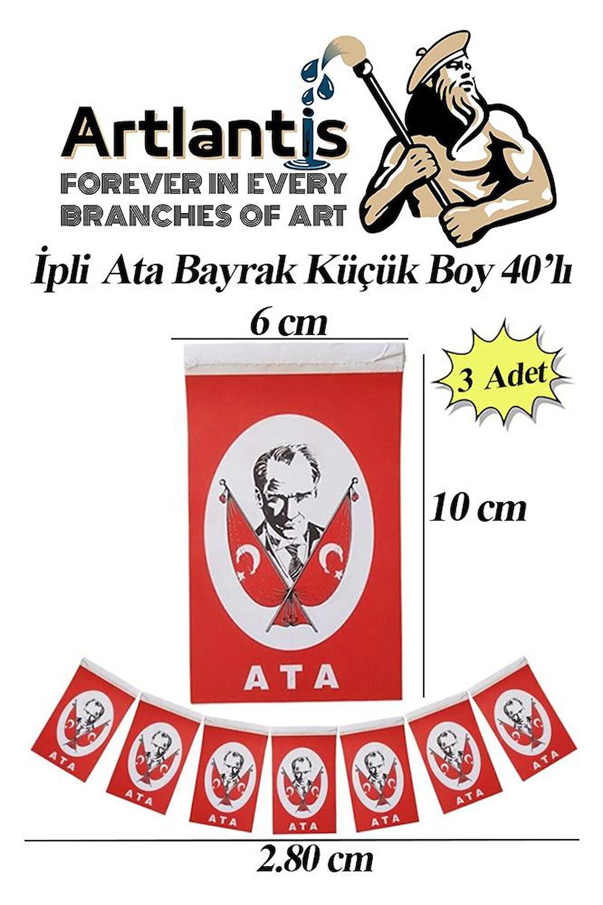 İpli Ata Bayrak Küçük Boy 40'lı 6x10cm 3 Paket Atalı Bayrak Kağıt İpli Sıralı Ayyıldız Bayrak Sınıf Süsü Okul Bayram