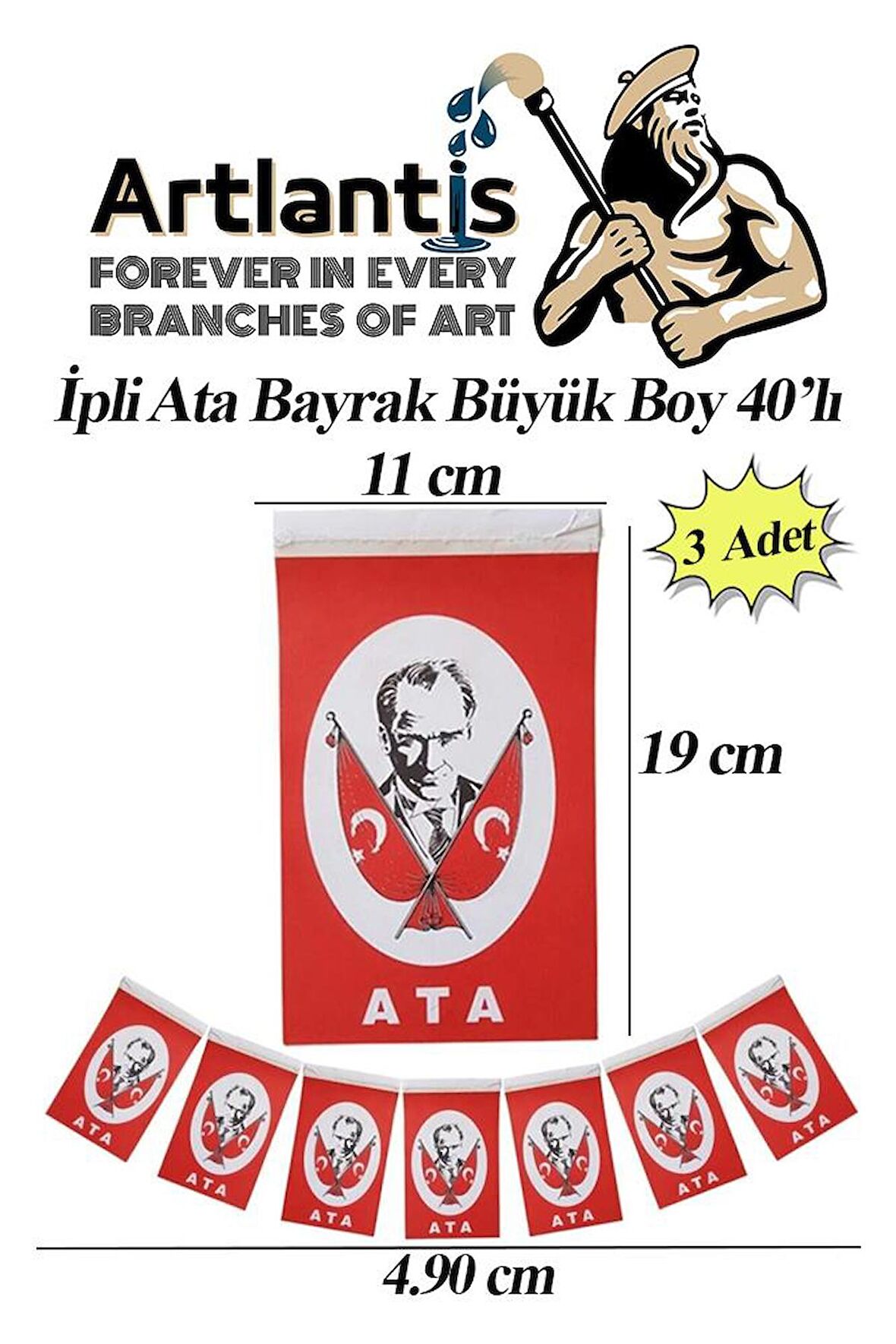 İpli Ata Bayrak Büyük Boy 40'lı 11x19cm 3 Paket Ata Bayrak Kağıt İpli Sıralı Ayyıldız Bayrak Sınıf Süsü Okul Bayram