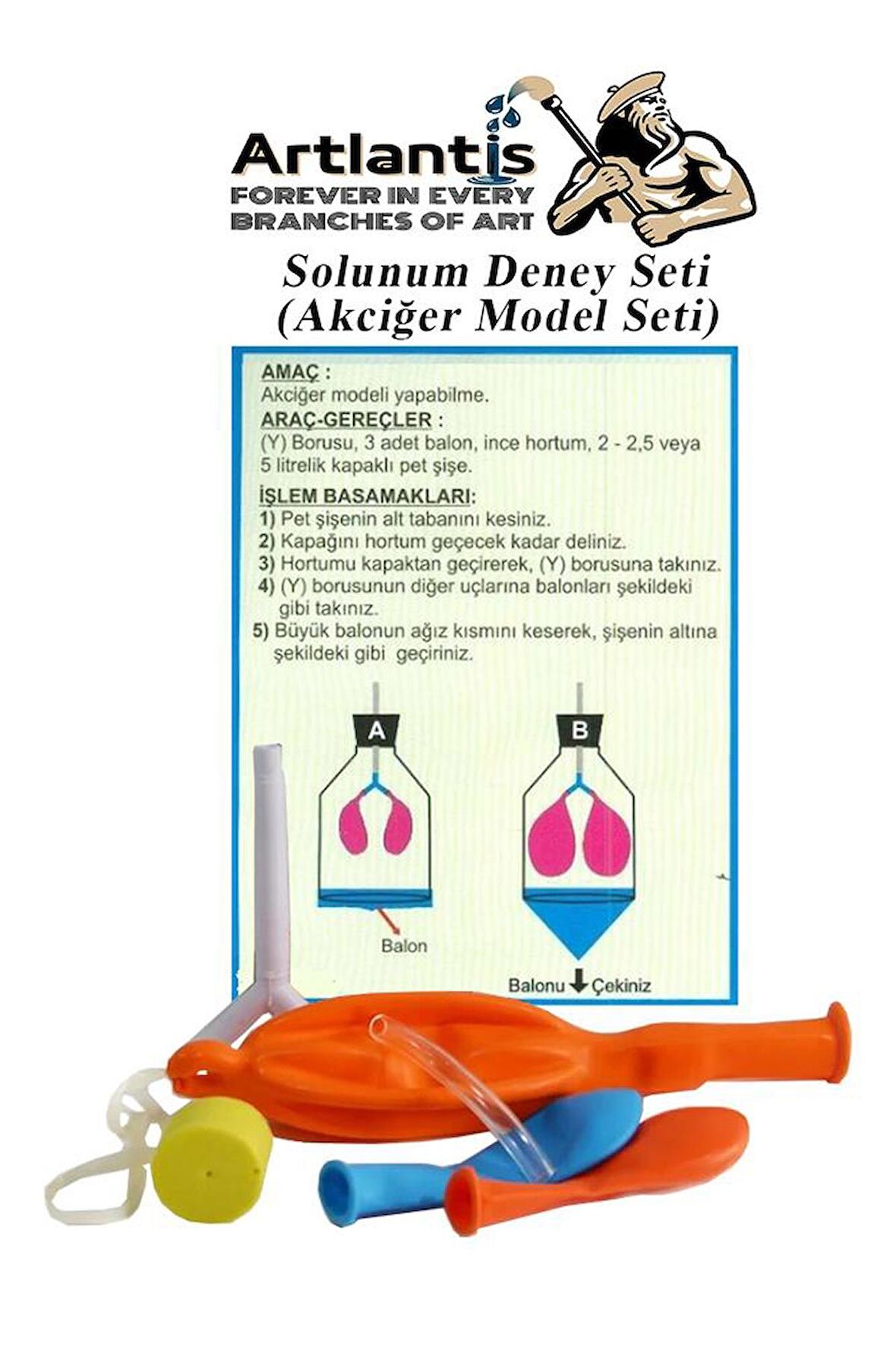 Solunum Deney Seti 7 Parça 1 Paket Akciğer Model Seti Y Boru Tıpa Balon Okul Sınıf Deney Seti