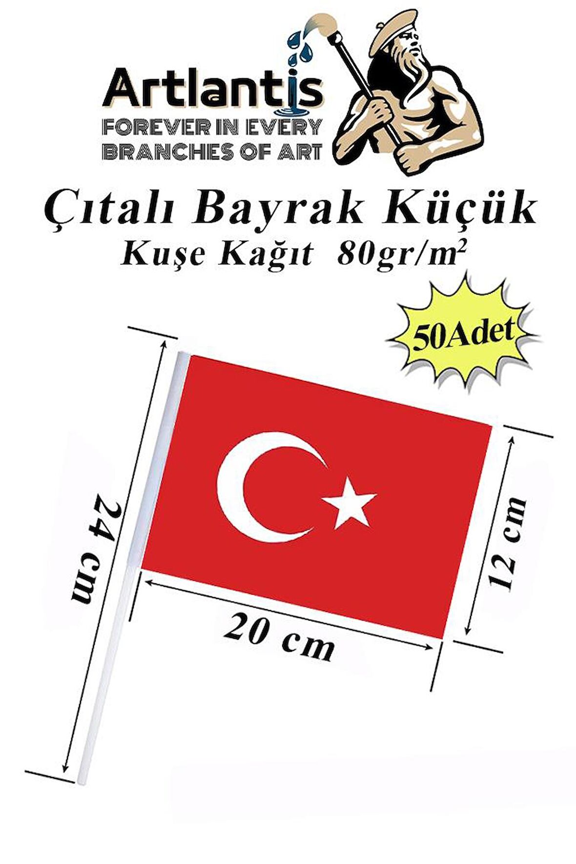 Çıtalı Bayrak Kağıt 20x12 cm 50 Adet Ay Yıldızlı Türk Bayrağı Çıtalı Sopalı Küçük Bayrak Plastik Çubuklu Bayrak