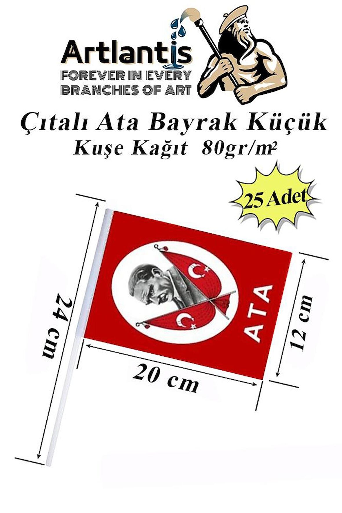 Çıtalı Ata Bayrak Kağıt 20x12 cm 25 Adet Atalı Bayrak Çıtalı Sopalı Küçük Bayrak Plastik Çubuklu Bayrak