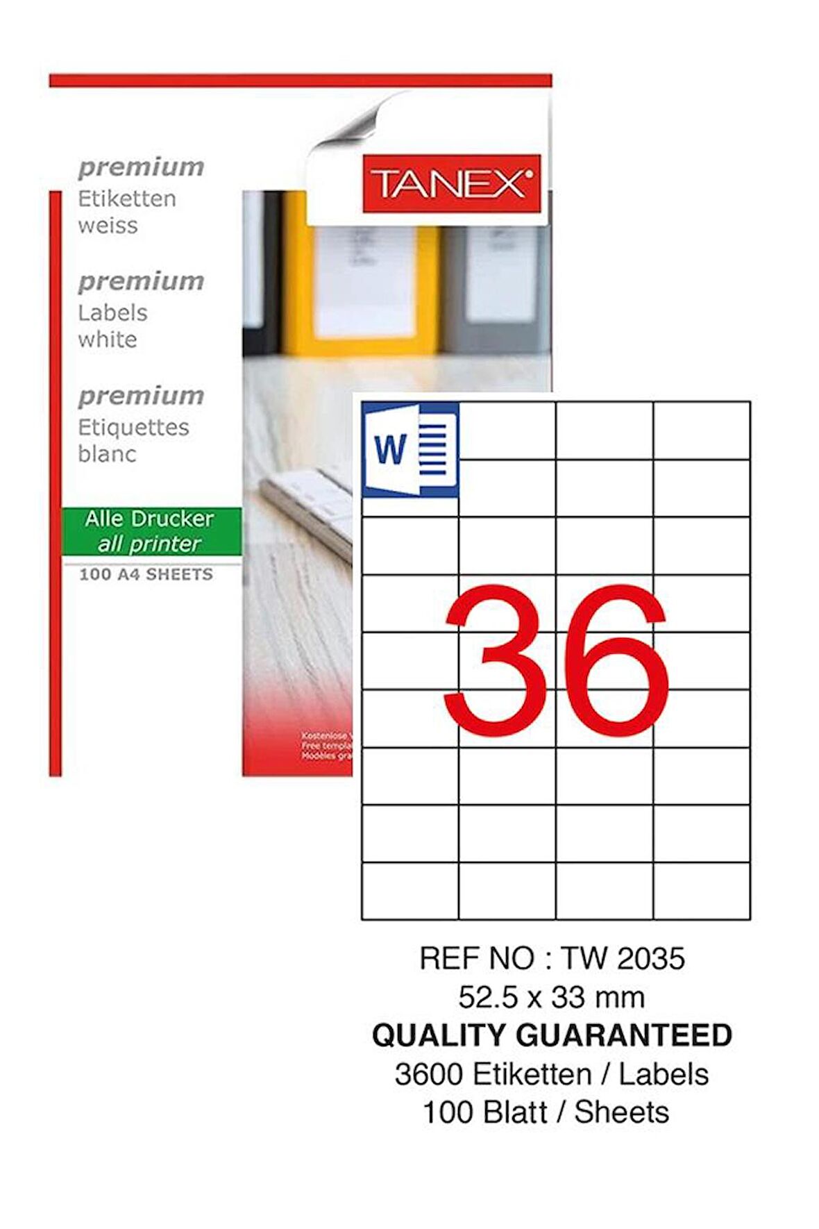 Bilgisayar Etiketi Tw-2035 52,5x33 mm 100 Lü Lazer Etiket 1 Paket Tanex Davetiye Kargo Koli Kutu Etiketi