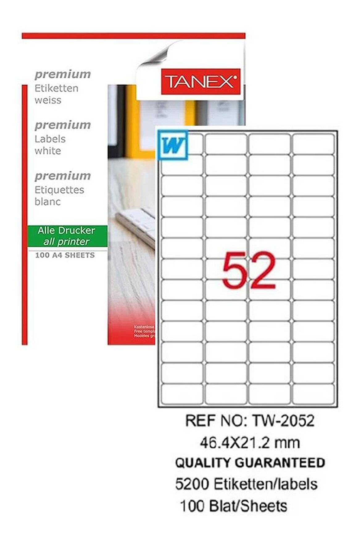 Bilgisayar Etiketi Tw-2052 46,4x21,2 mm 100 Lü Lazer Etiket 1 Paket Tanex Davetiye Kargo Koli Kutu Etiketi