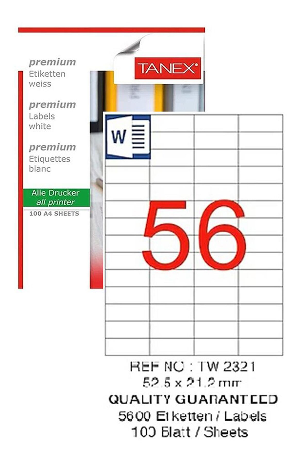 Bilgisayar Etiketi Tw-2321 52,5x21,2 mm 100 Lü Lazer Etiket 1 Paket Tanex Davetiye Kargo Koli Kutu Etiketi