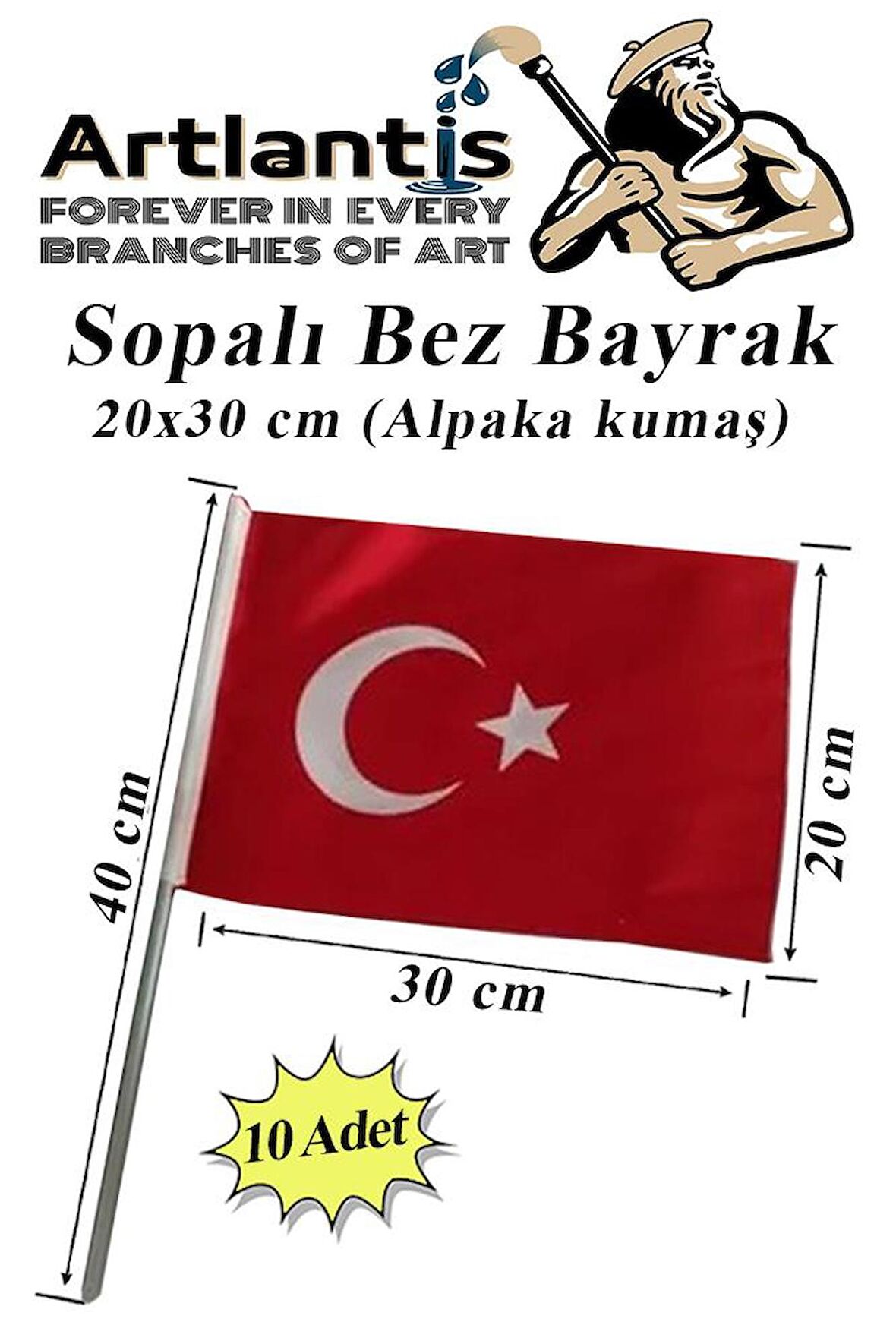 Sopalı Bez Bayrak 20x30 Cm 10 Adet Saplı Bayrak Ay Yıldız Plastik Çıtalı 20*30 Bez Bayrak Mill Bayram Kutlama