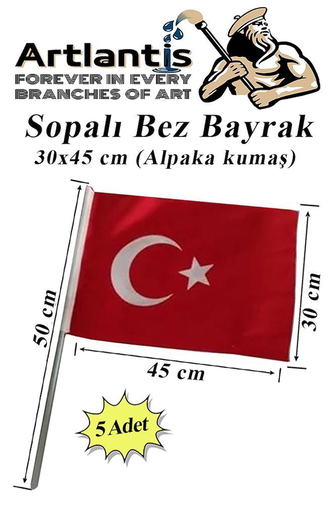 Sopalı Bez Bayrak 30x45 Cm 5 Adet Saplı Bayrak Ay Yıldız Plastik Çıtalı 30*45 Bez Bayrak Mill Bayram Kutlama